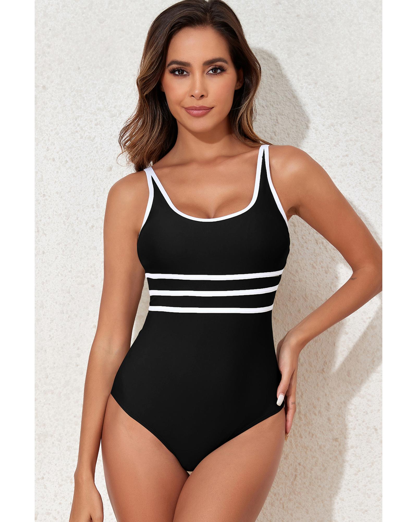 Black Contrast Trim Colorblock U Neck One Piece Swimwear - XL 6