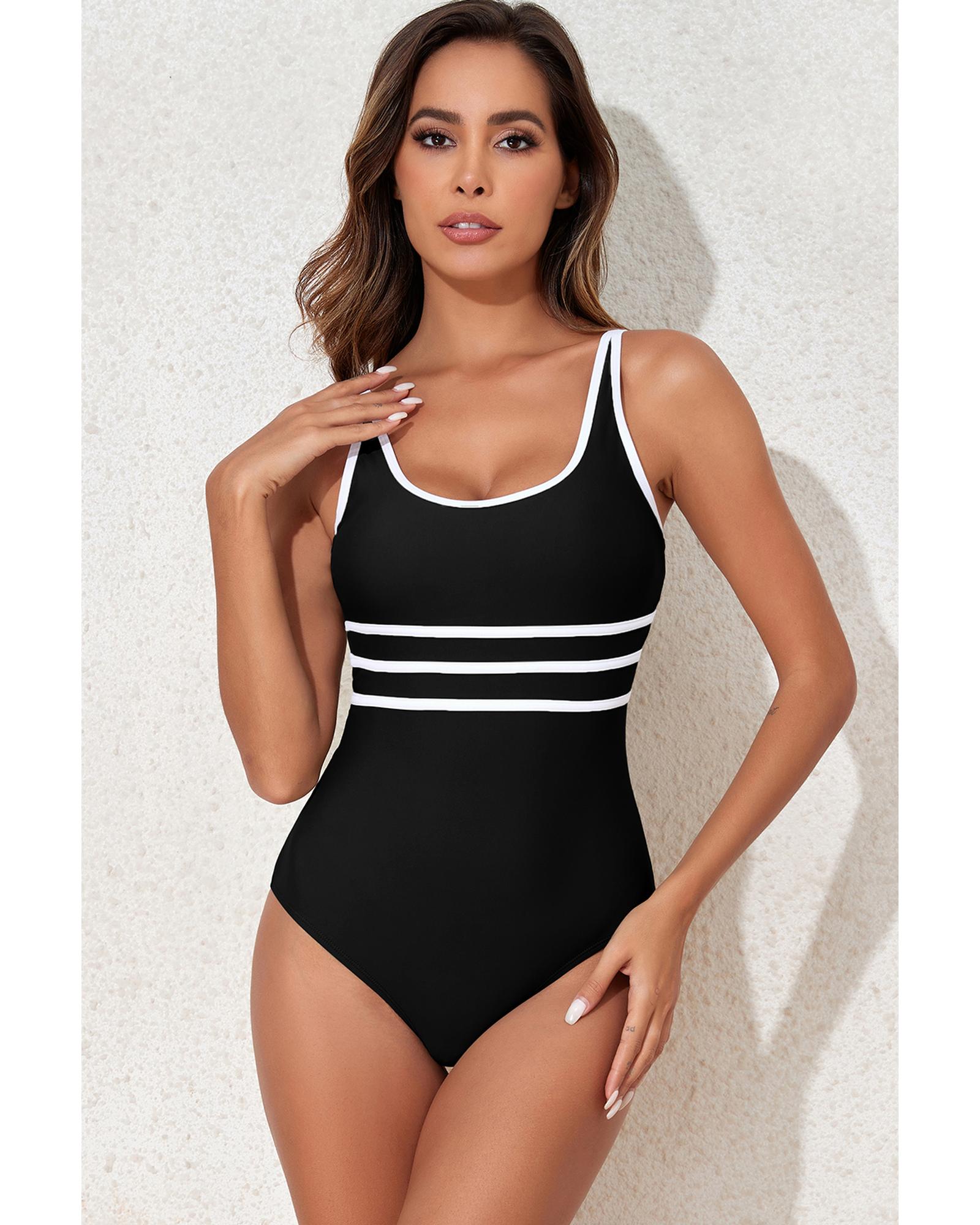 Black Contrast Trim Colorblock U Neck One Piece Swimwear - XL 7