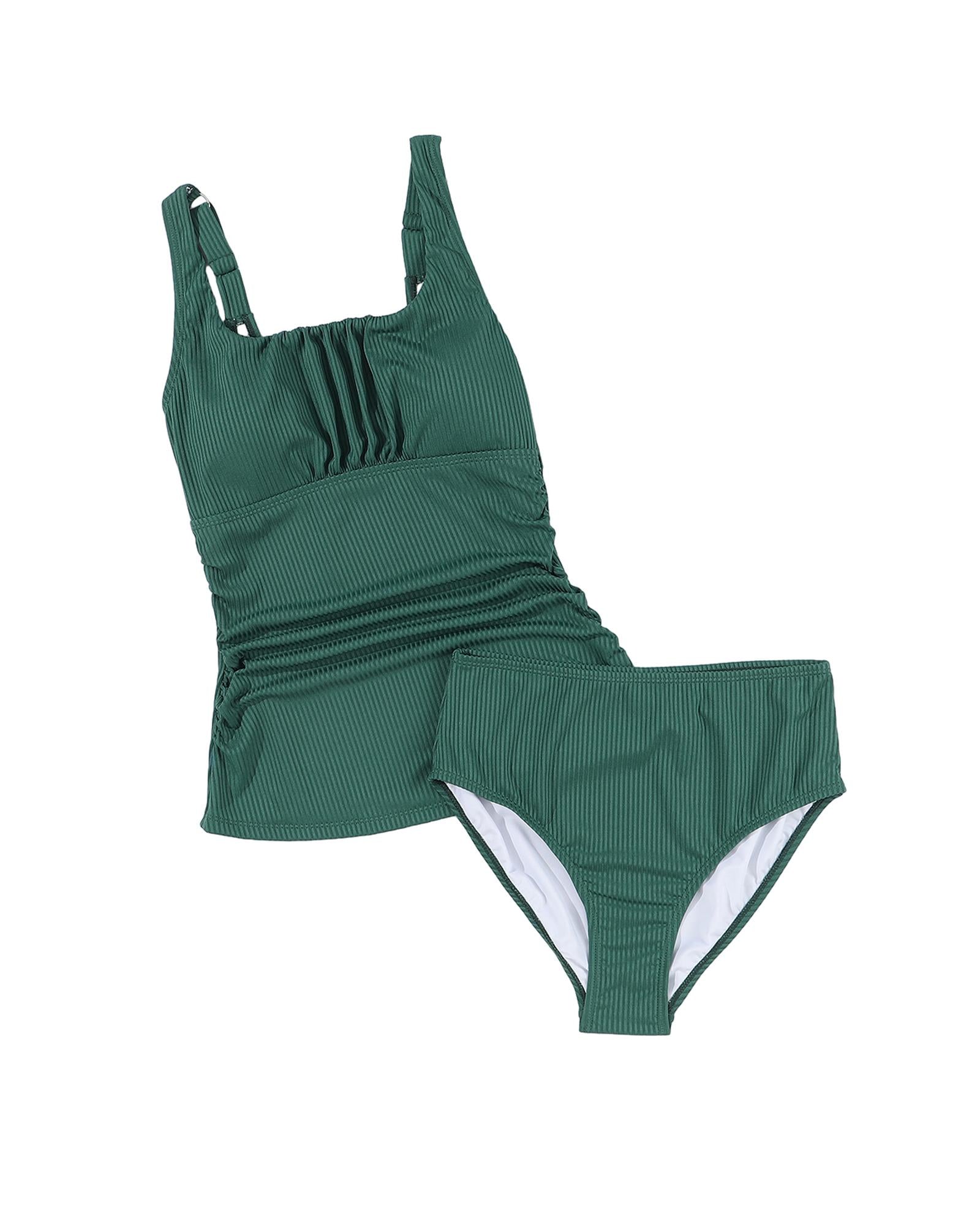 Blackish Green Ruched U Neck Ribbed Tankini - L 5