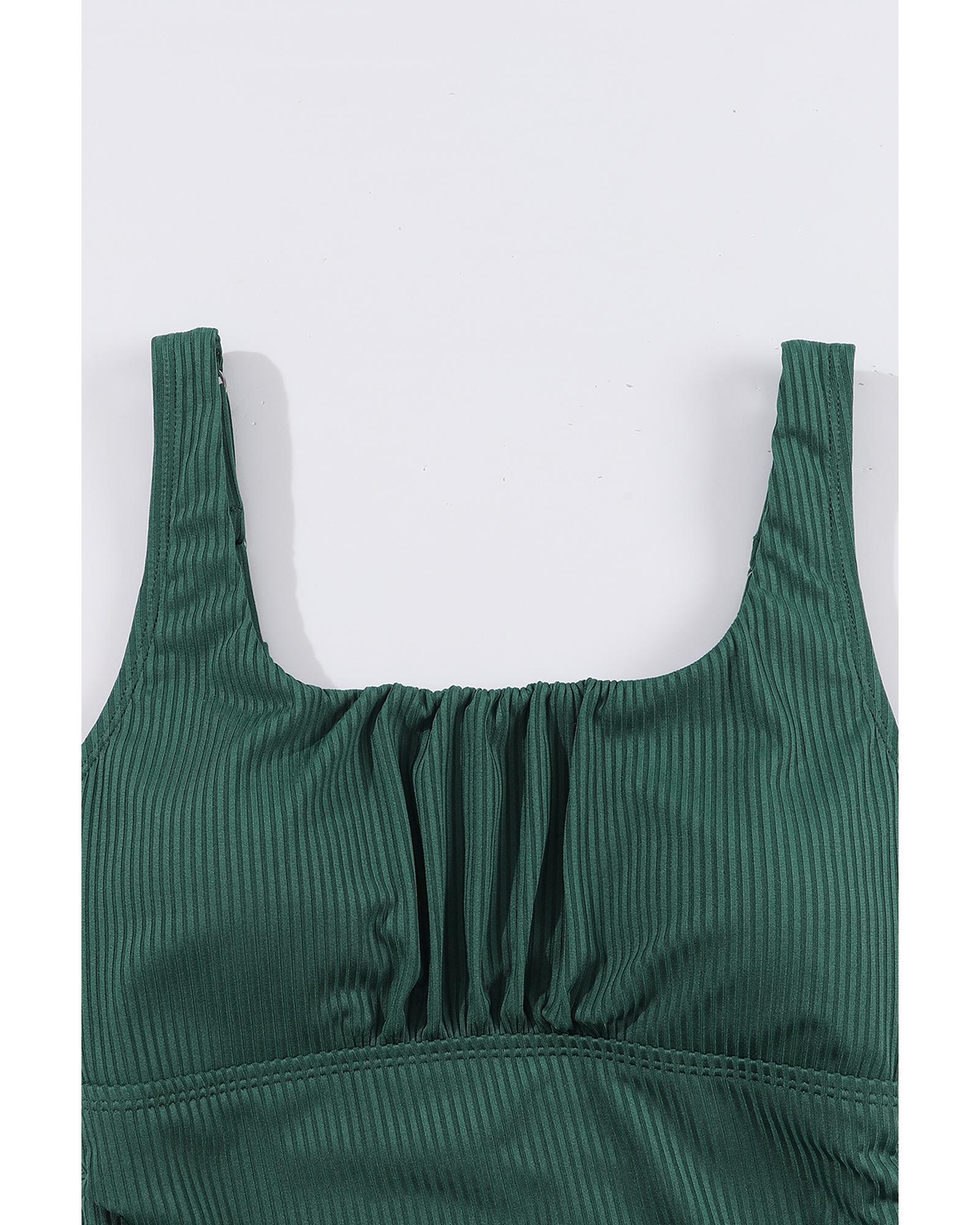 Blackish Green Ruched U Neck Ribbed Tankini - L 7