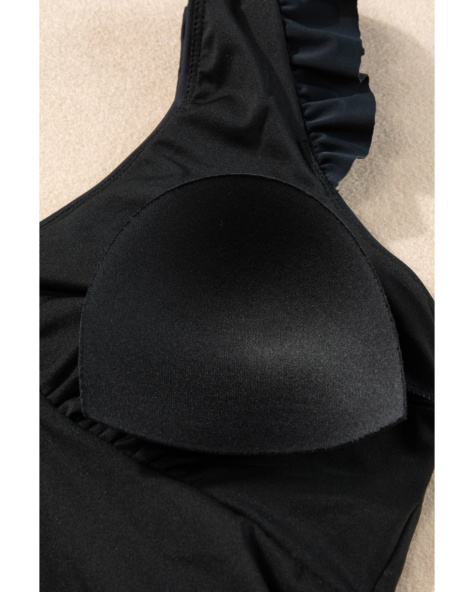 Black Ruffled Trim Ruched One Piece Bathing Suit - M 8