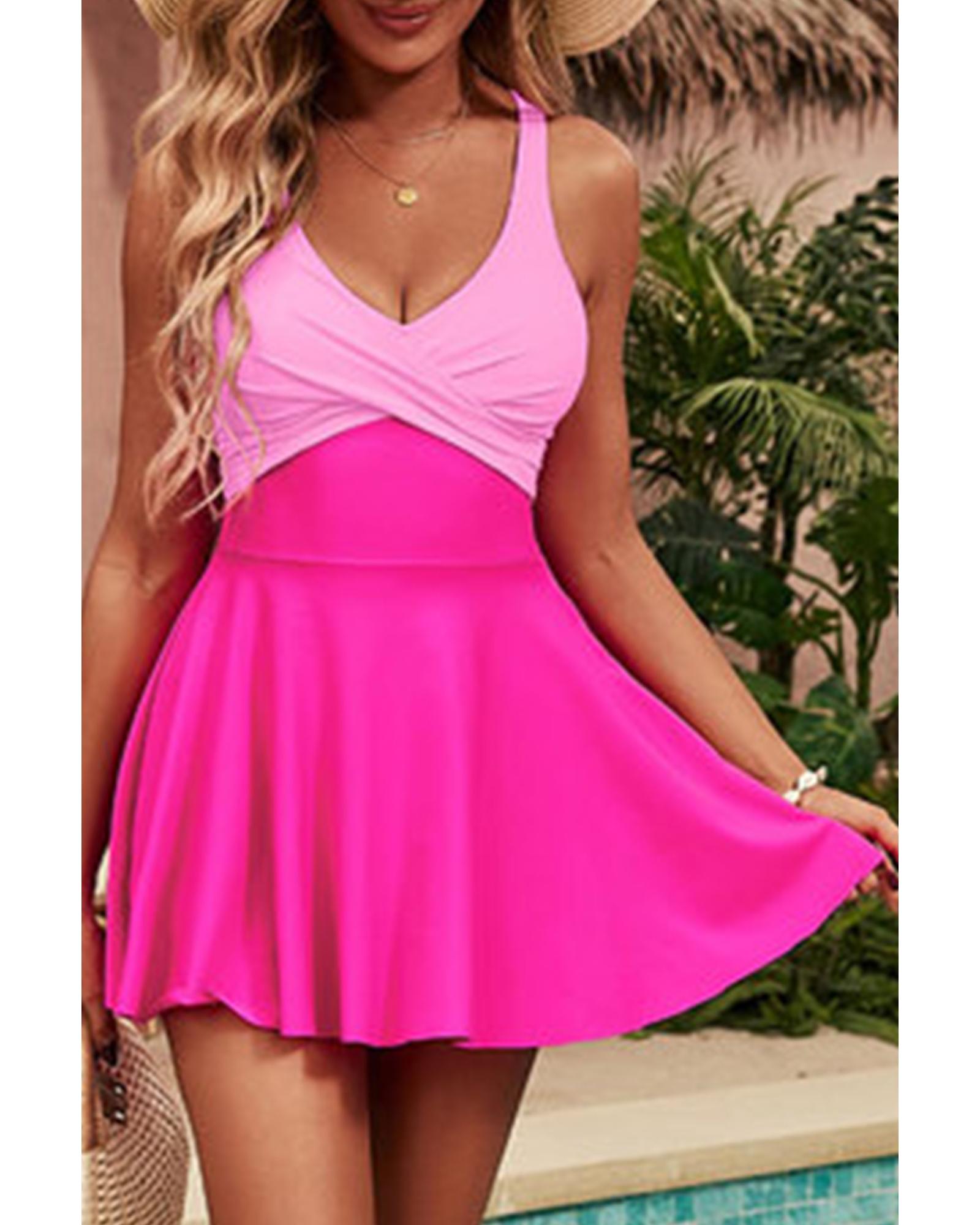 Rose Red Crisscross Straps Tie Back Flared One Piece Swimsuit - L 7