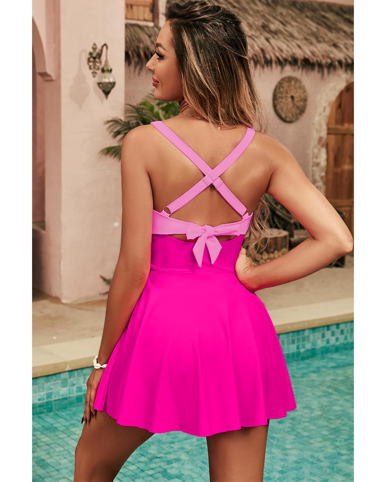 Rose Red Crisscross Straps Tie Back Flared One Piece Swimsuit - S 5