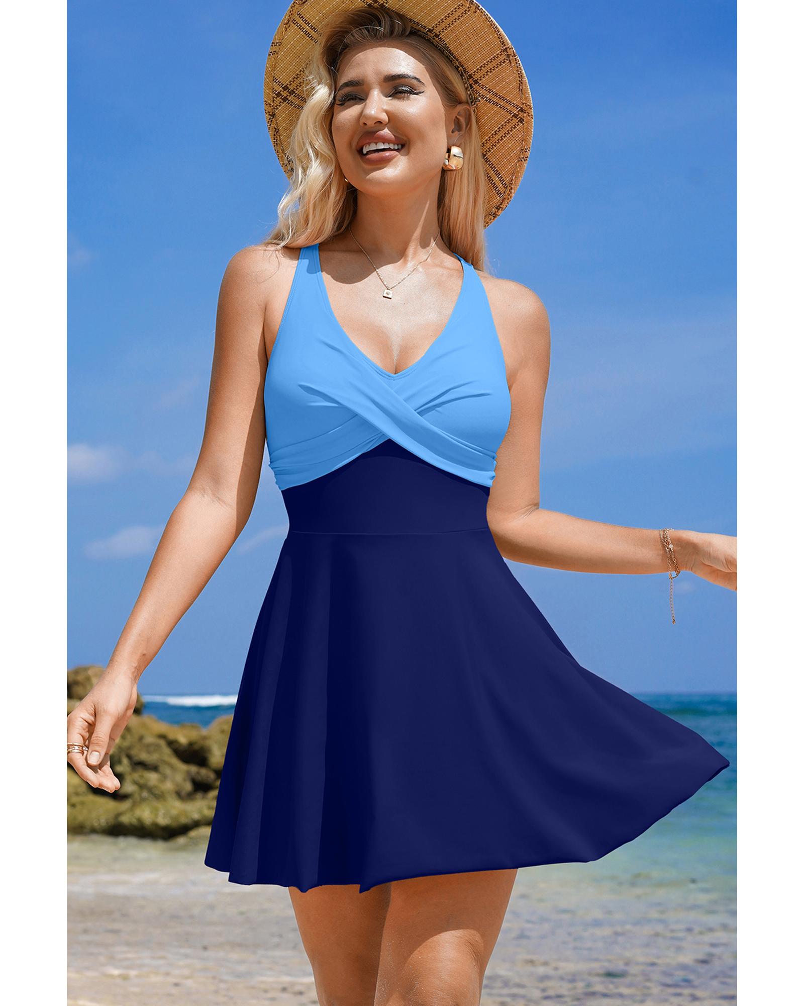 Navy Blue Crisscross Straps Tie Back Flared One Piece Swimsuit - L 3