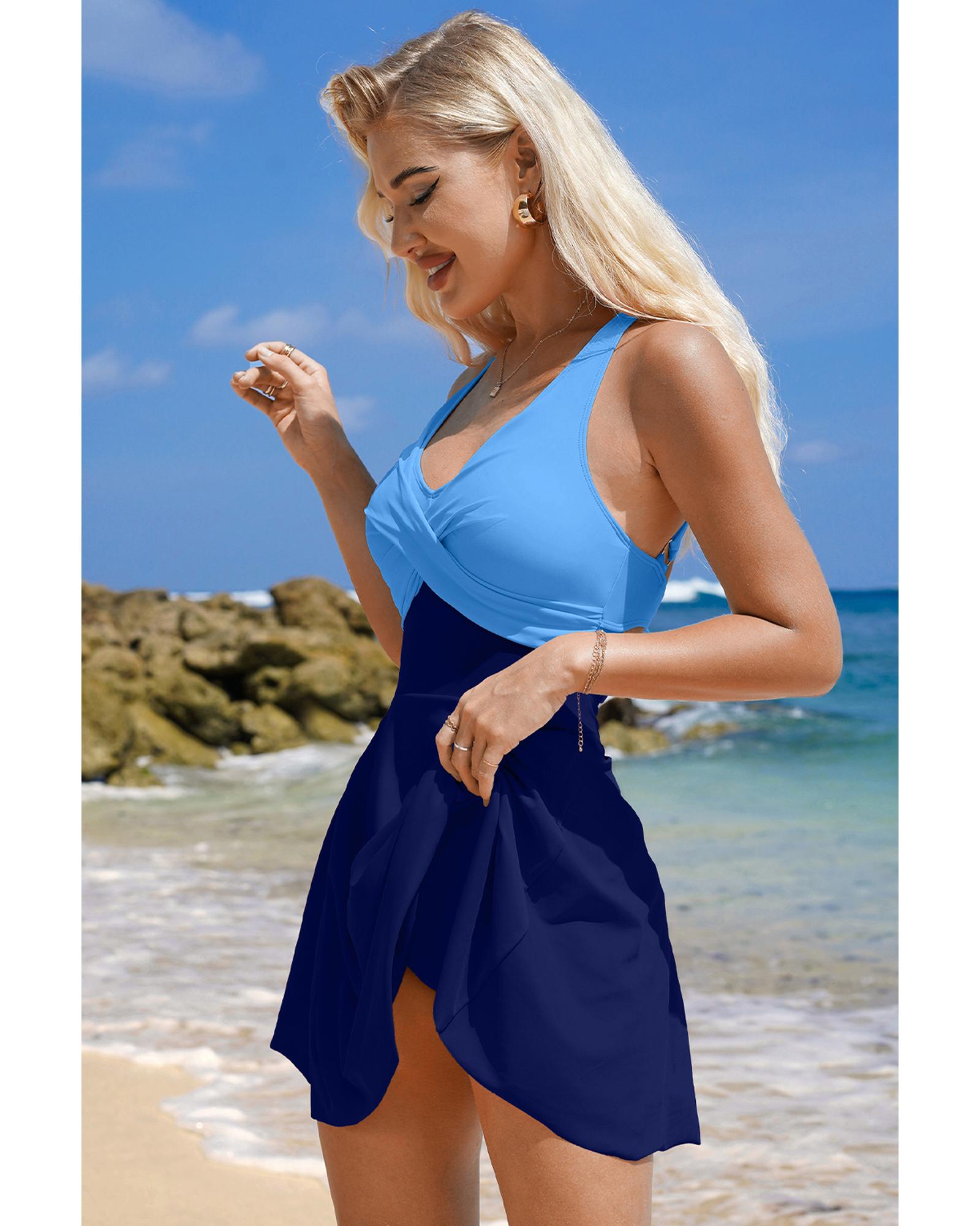 Navy Blue Crisscross Straps Tie Back Flared One Piece Swimsuit - L 5