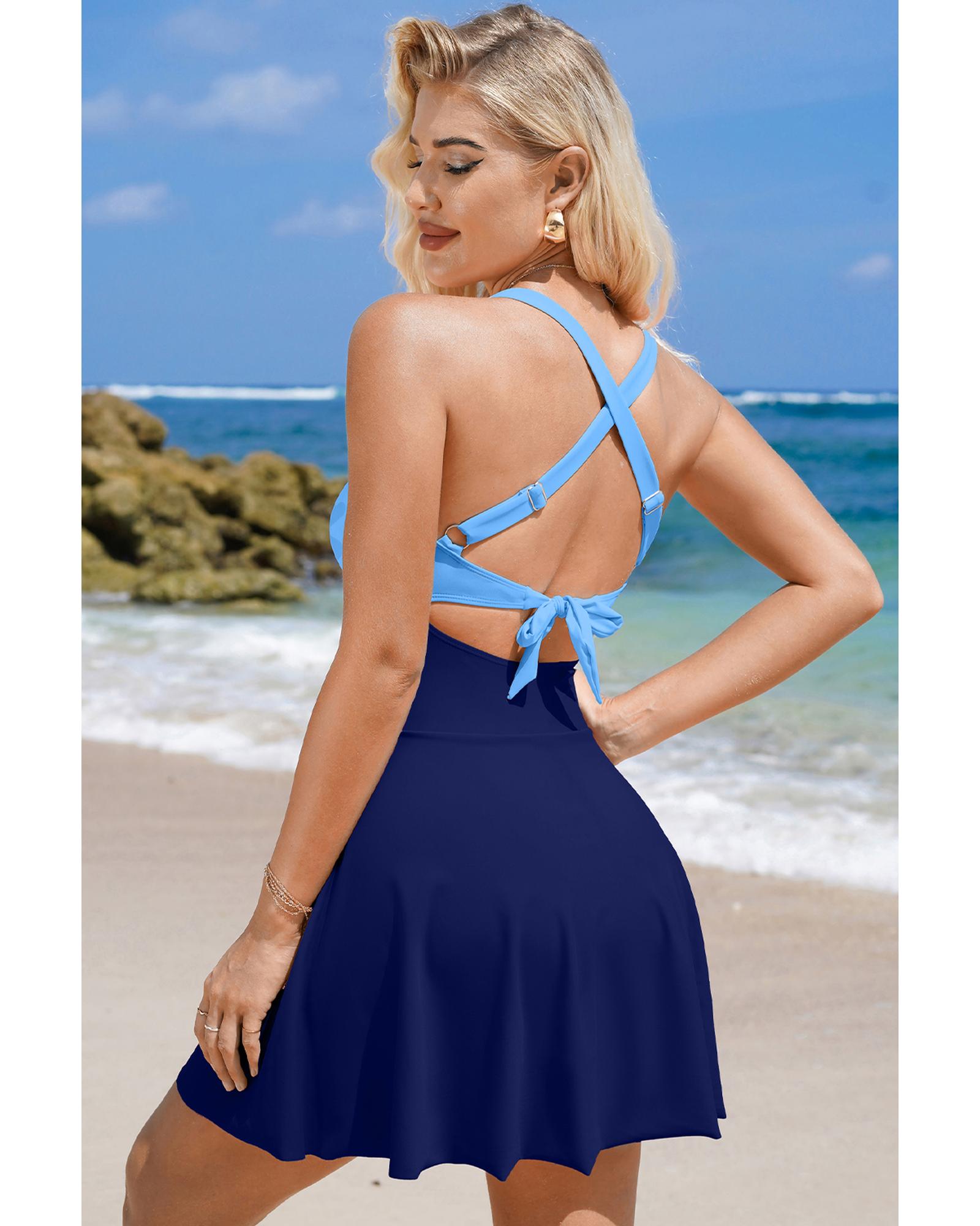 Navy Blue Crisscross Straps Tie Back Flared One Piece Swimsuit - L 7