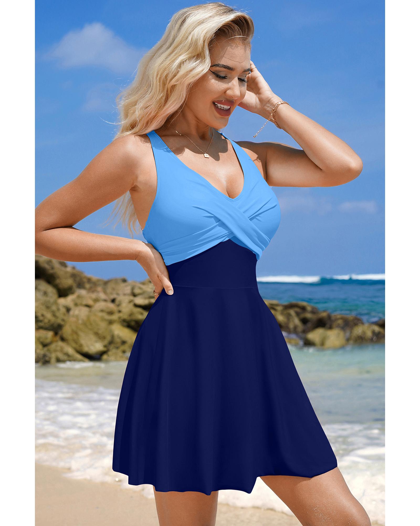 Navy Blue Crisscross Straps Tie Back Flared One Piece Swimsuit - L 8