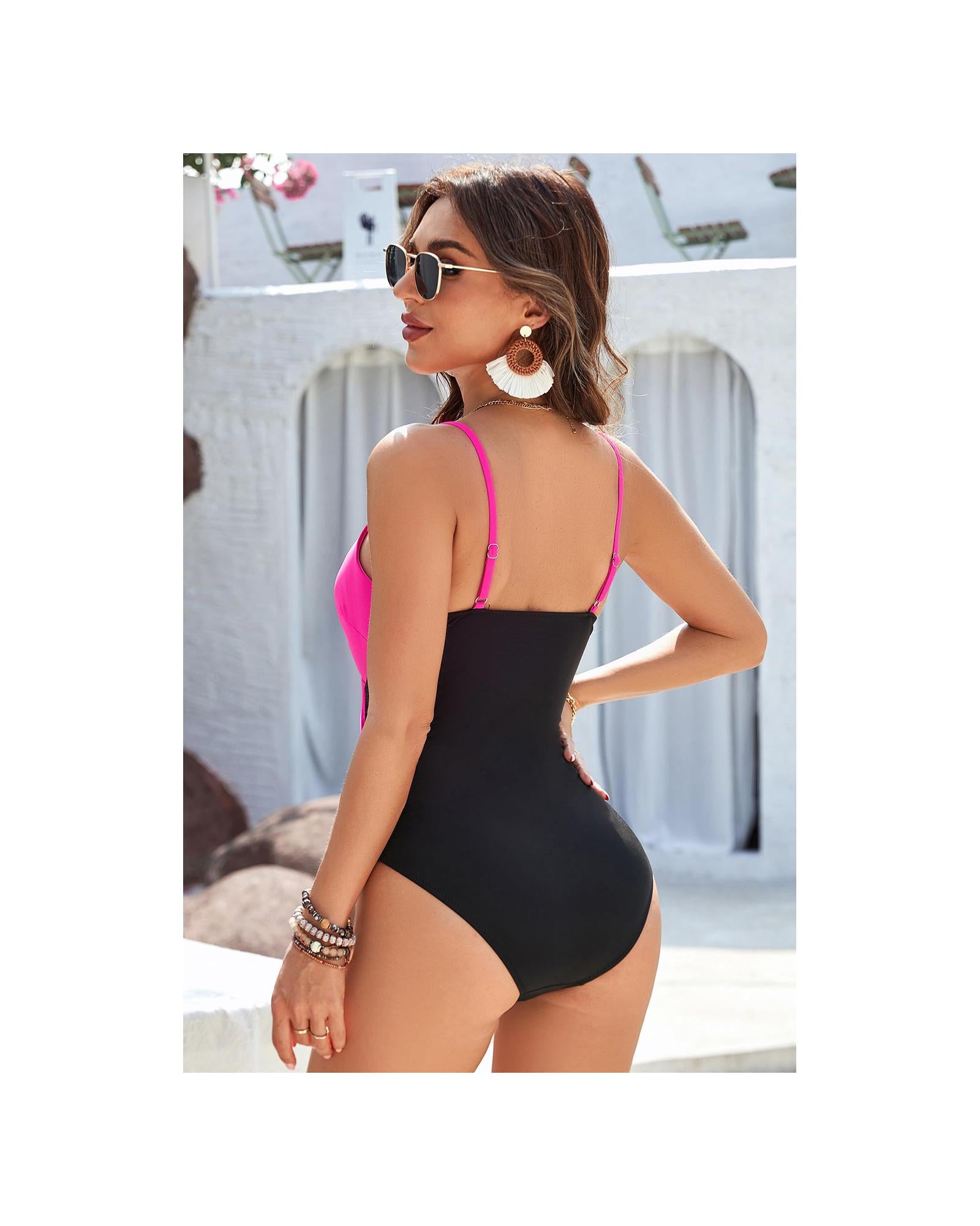 Rose Red Crossover Colorblock Cutout One Piece Swimsuit - 2XL 5