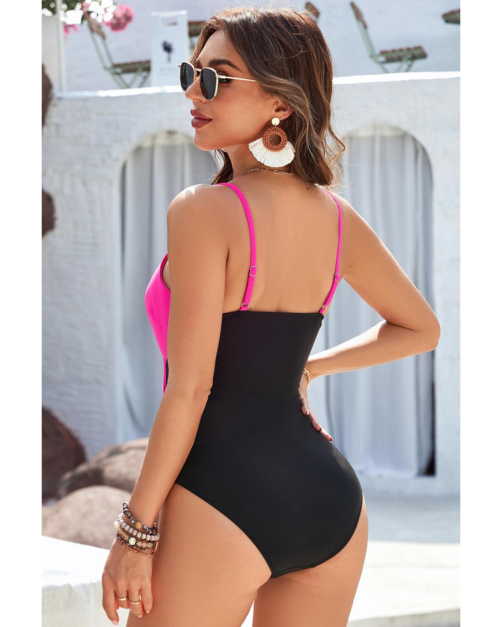 Rose Red Crossover Colorblock Cutout One Piece Swimsuit - M 5