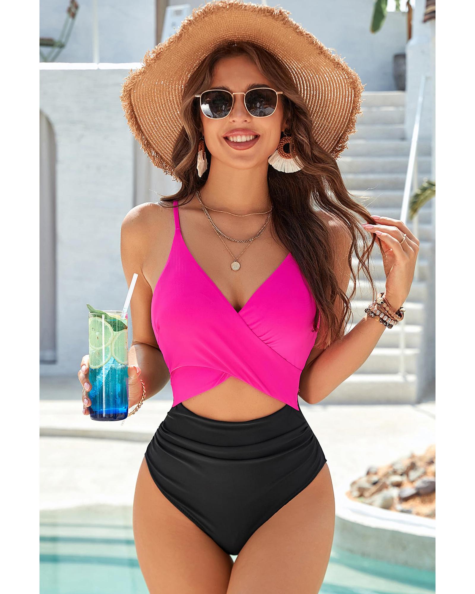 Rose Red Crossover Colorblock Cutout One Piece Swimsuit - S 4
