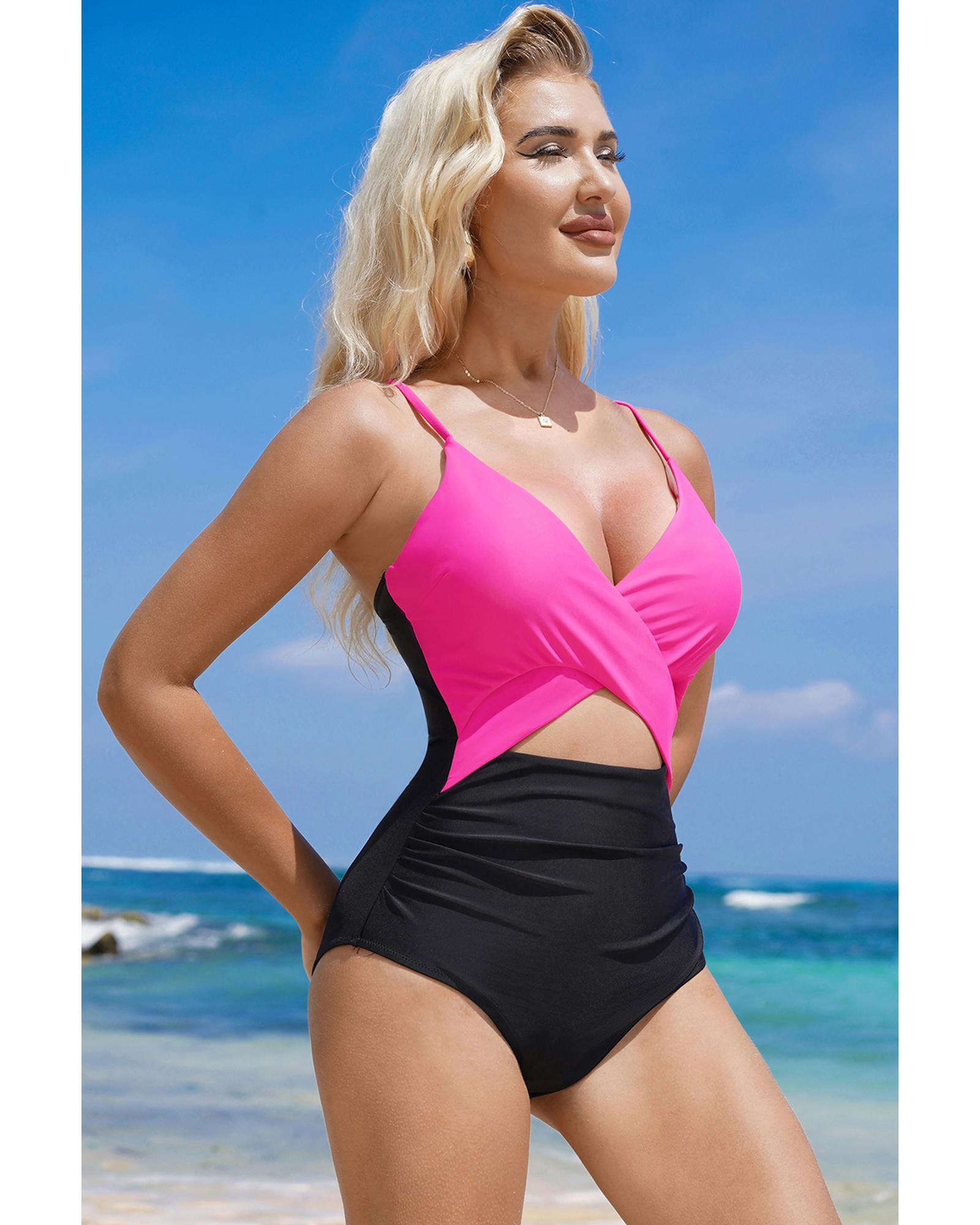 Rose Red Crossover Colorblock Cutout One Piece Swimsuit - XL 6