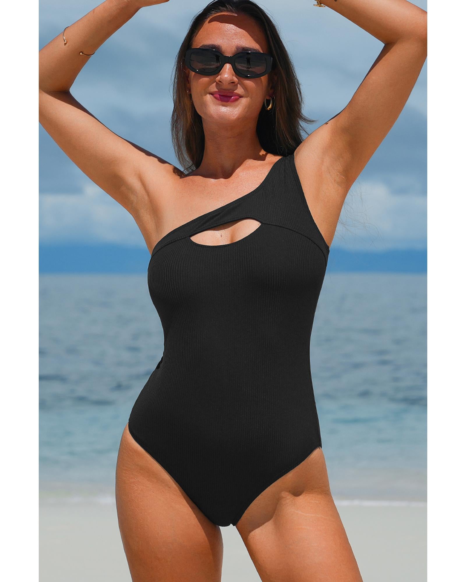 Black Ribbed One Shoulder Hollowed One Piece Swimsuit - L 4