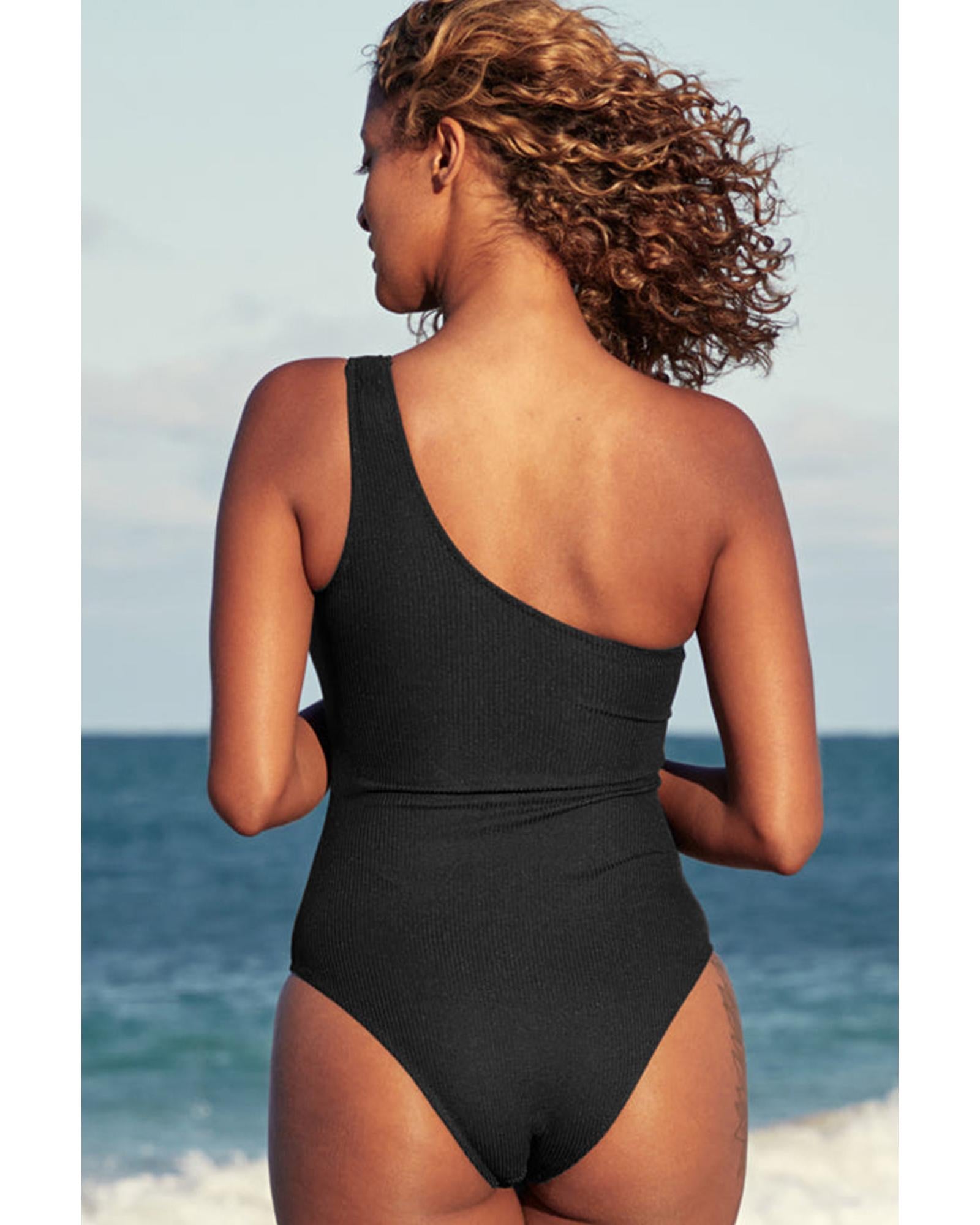Black Ribbed One Shoulder Hollowed One Piece Swimsuit - L 5