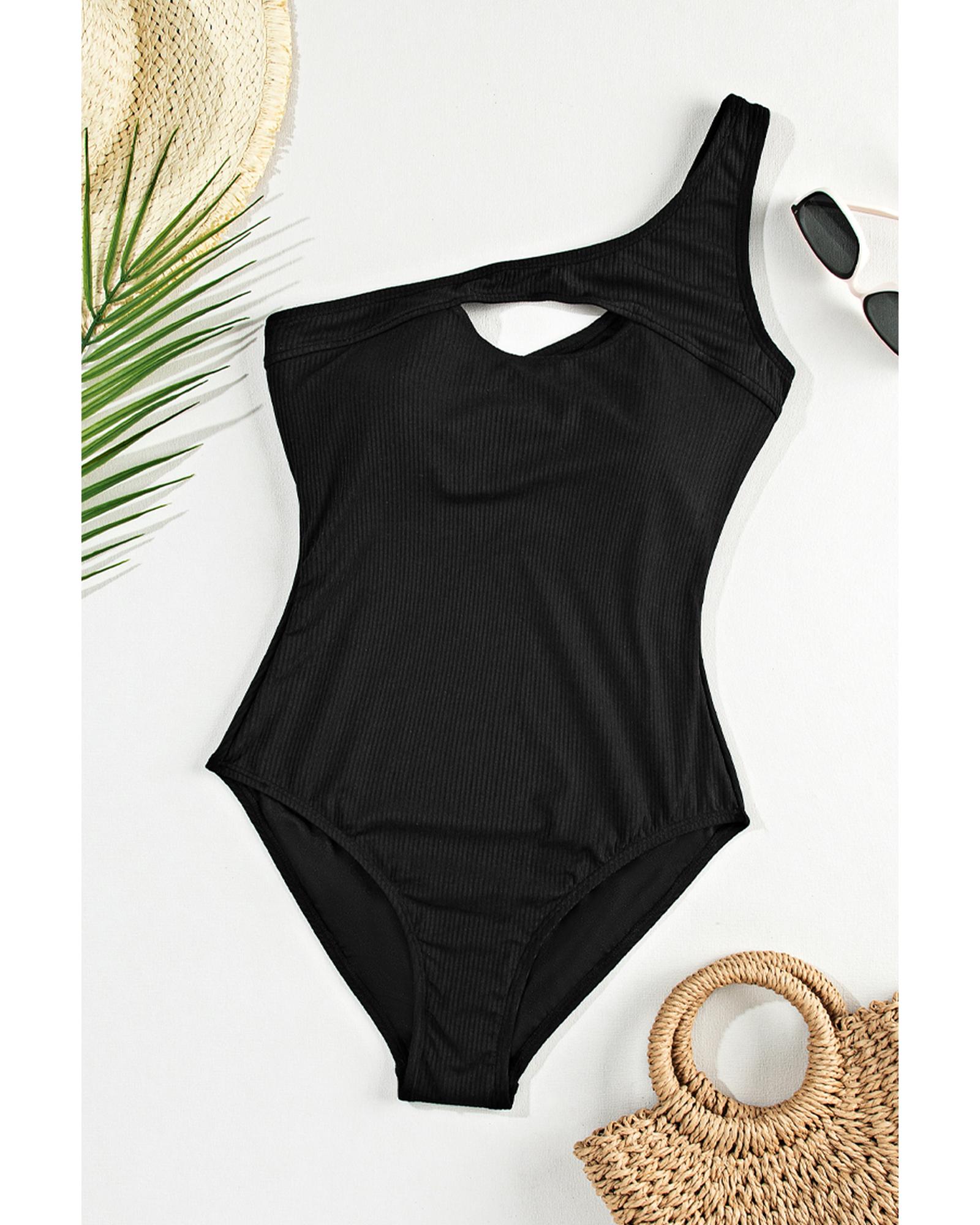 Black Ribbed One Shoulder Hollowed One Piece Swimsuit - L 8