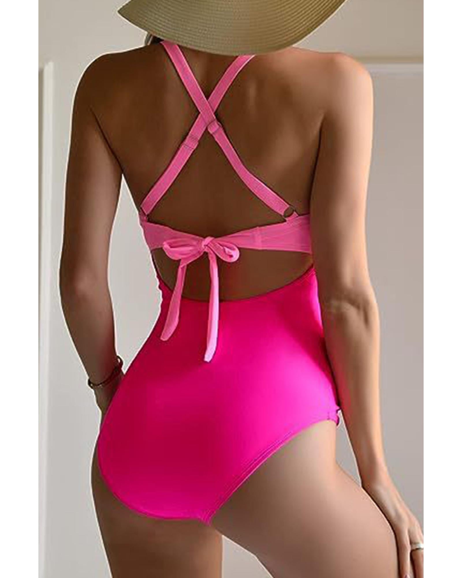 Pink 2-tone Crossed Cutout Backless Monokini - 2XL