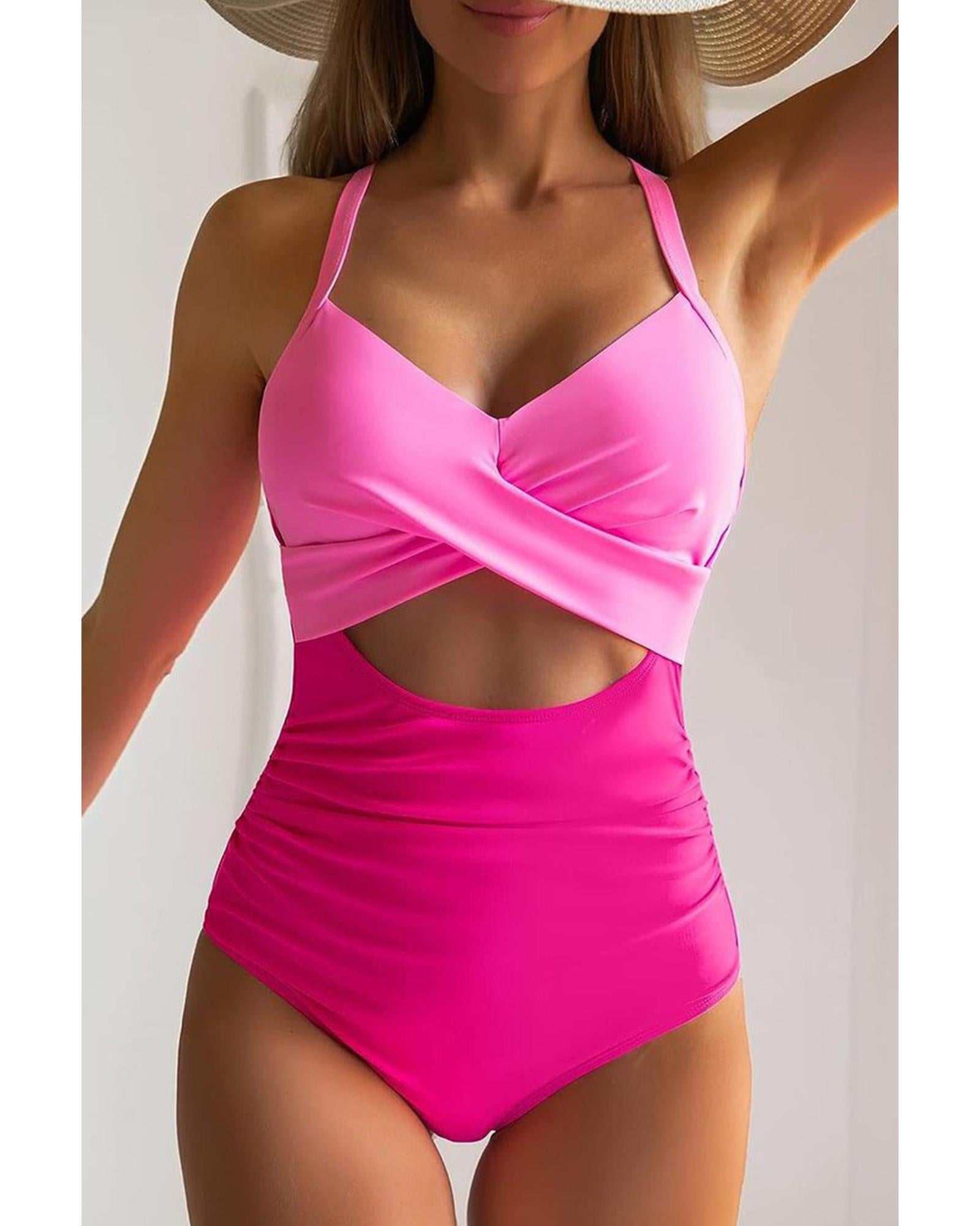 Pink 2-tone Crossed Cutout Backless Monokini - L 5