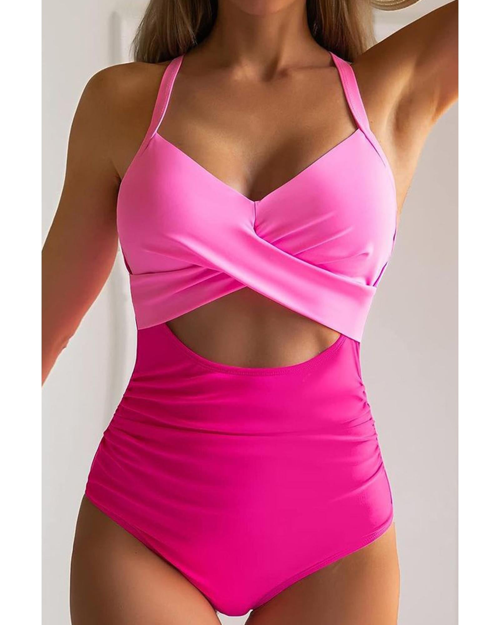 Pink 2-tone Crossed Cutout Backless Monokini - XL