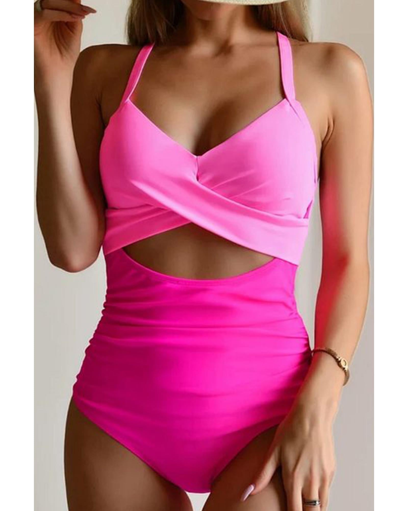 Pink 2-tone Crossed Cutout Backless Monokini - XL 5