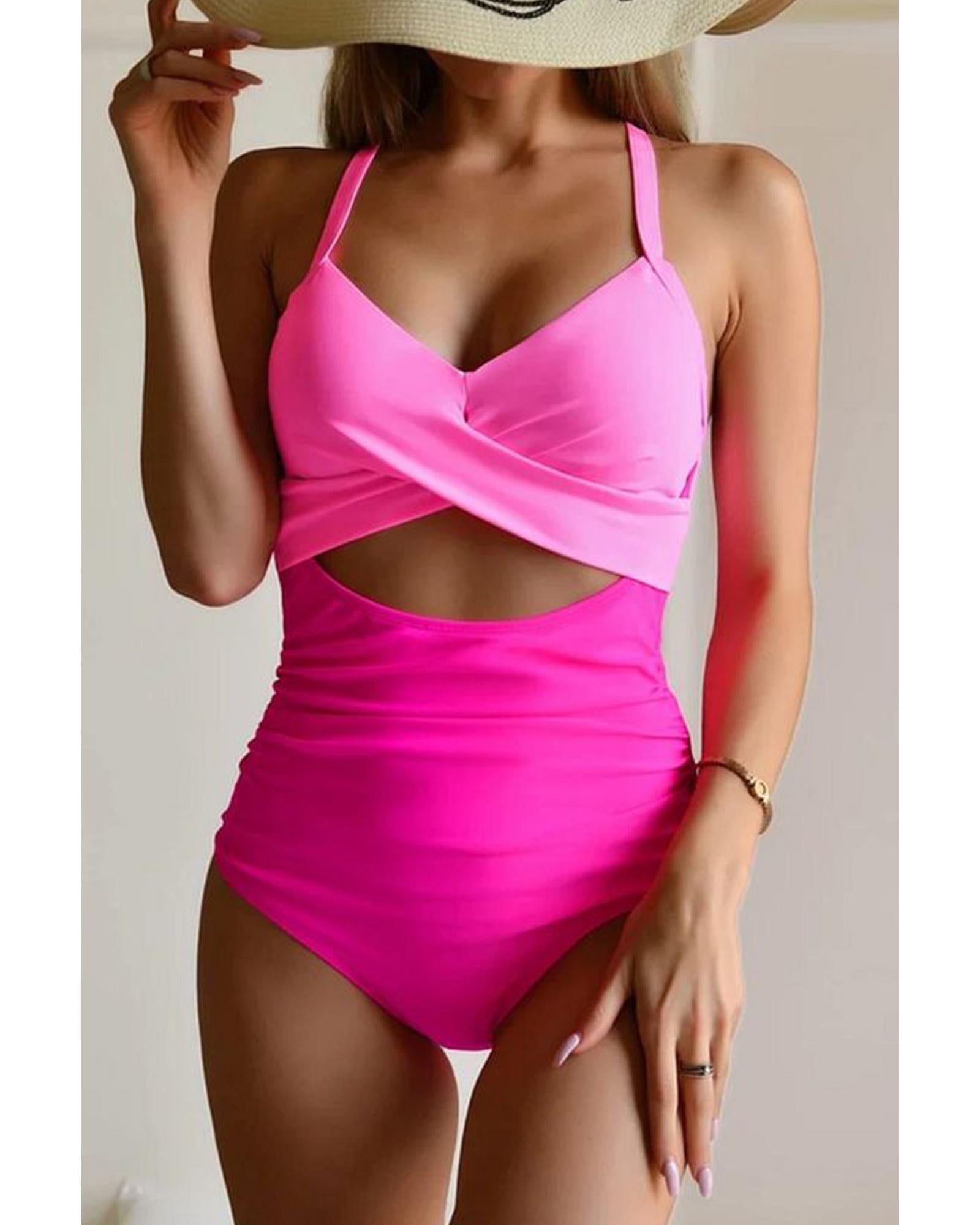 Pink 2-tone Crossed Cutout Backless Monokini - XL 6