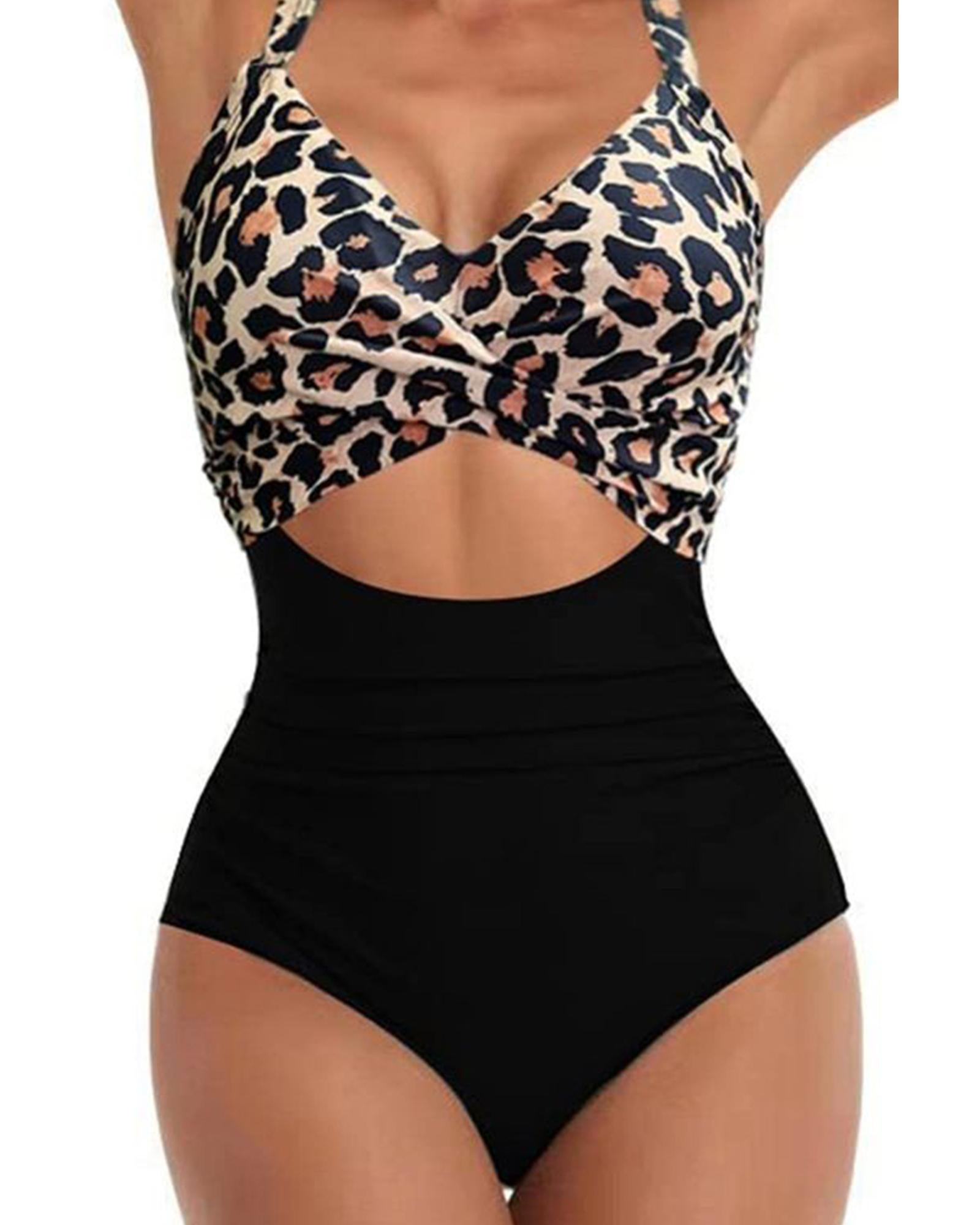 Black Leopard 2-tone Crossed Cutout Backless Monokini - S 3