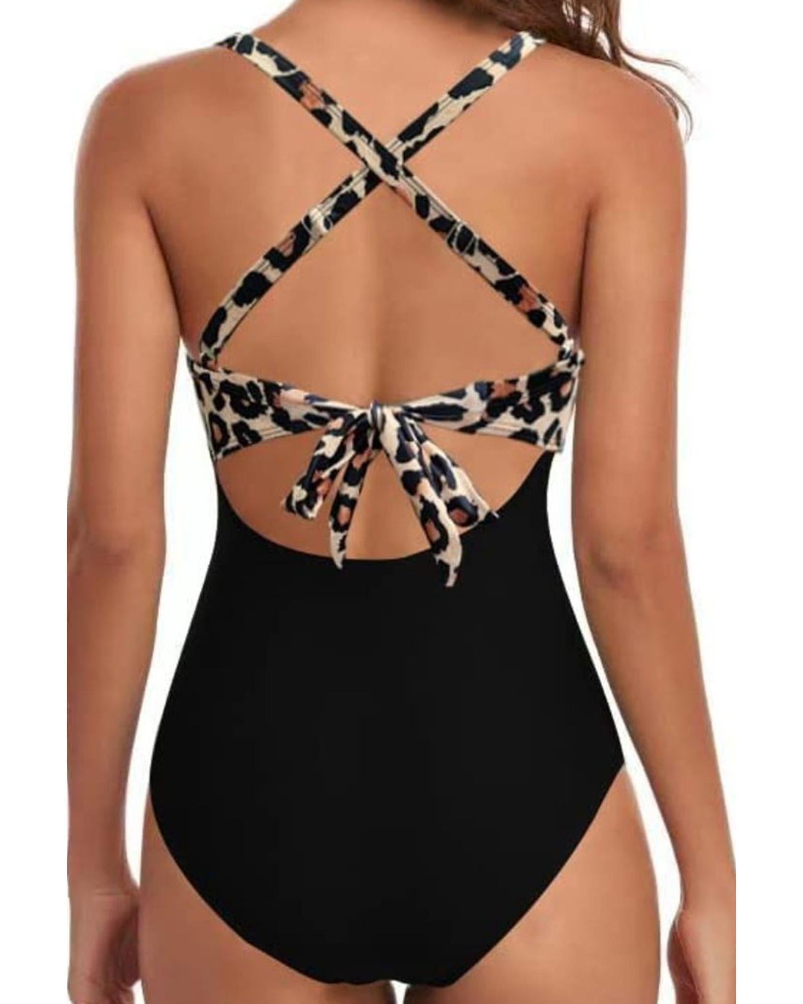 Black Leopard 2-tone Crossed Cutout Backless Monokini - S 4