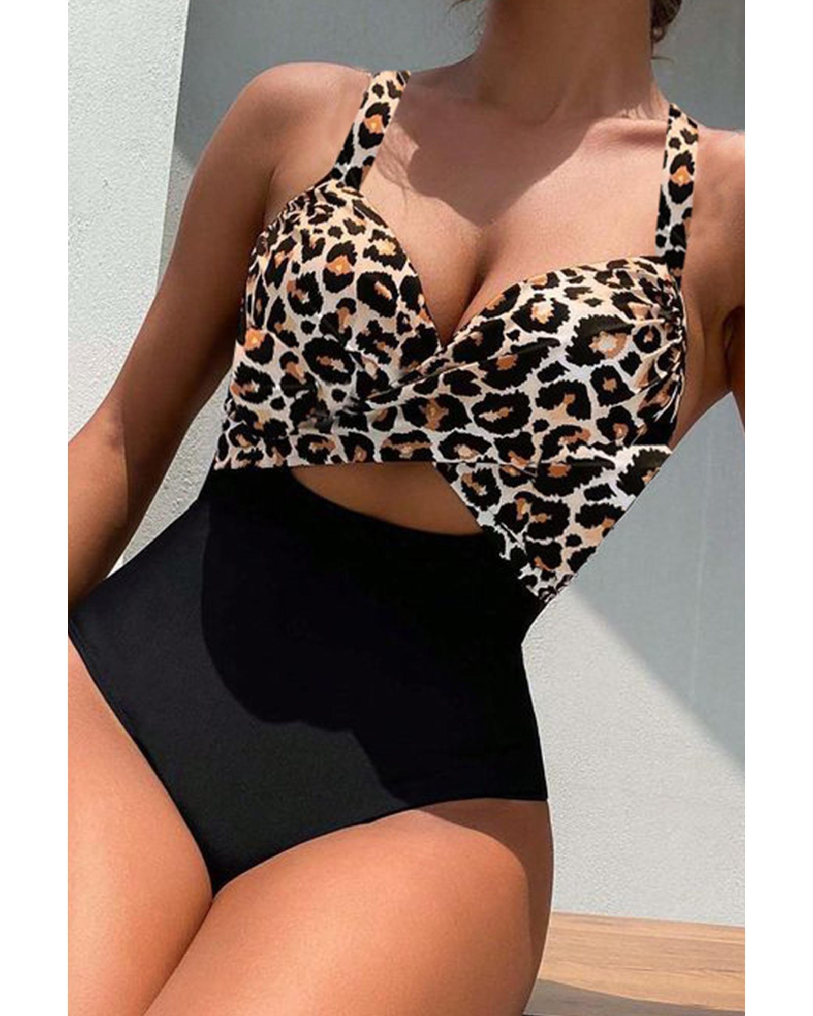 Black Leopard 2-tone Crossed Cutout Backless Monokini - S 5