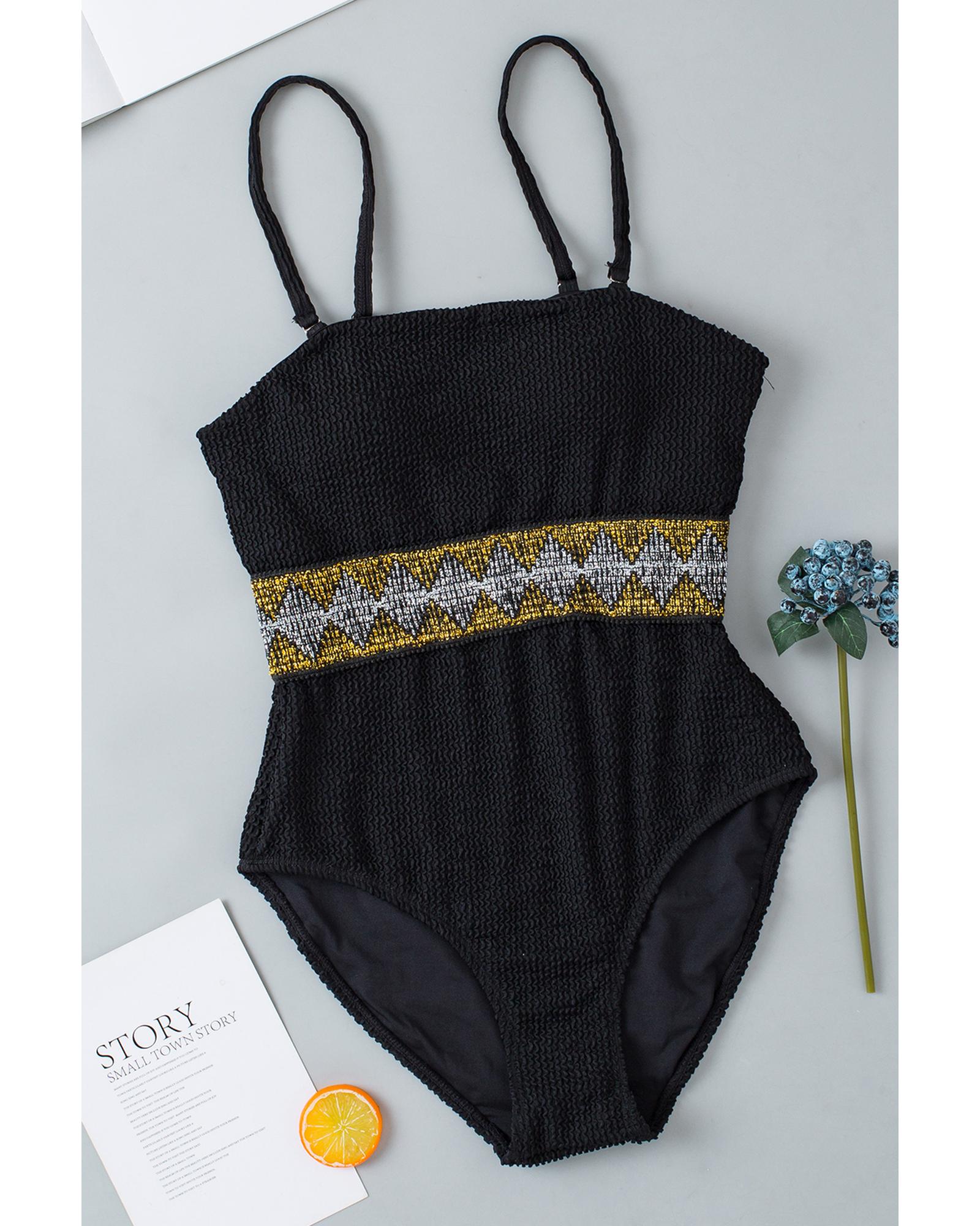 Black Geometric Trim High Waist Strapless One Piece Swimsuit - S 7