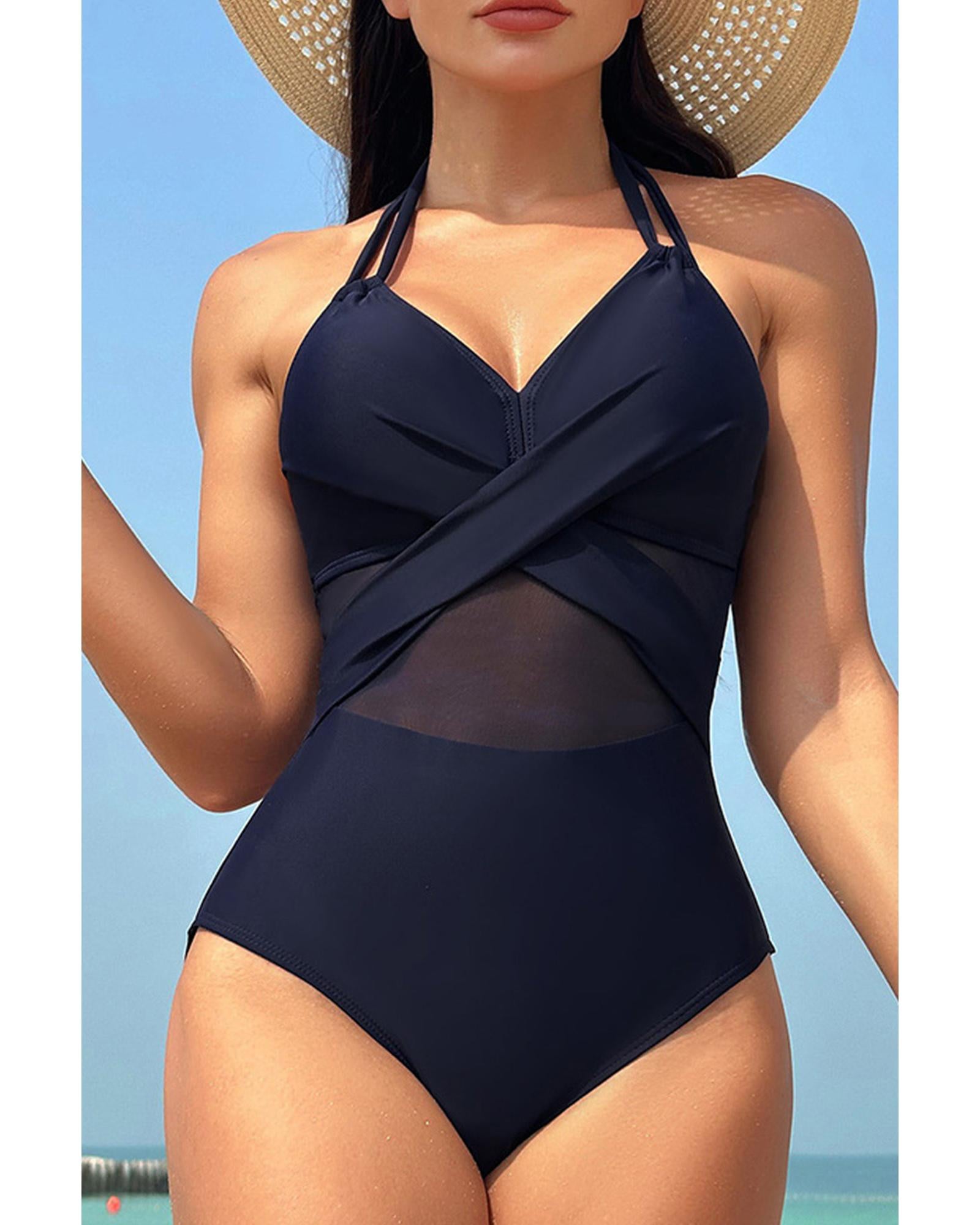 Navy Blue Halter Mesh Insert Cross Front One-Piece Swimsuit - S 3