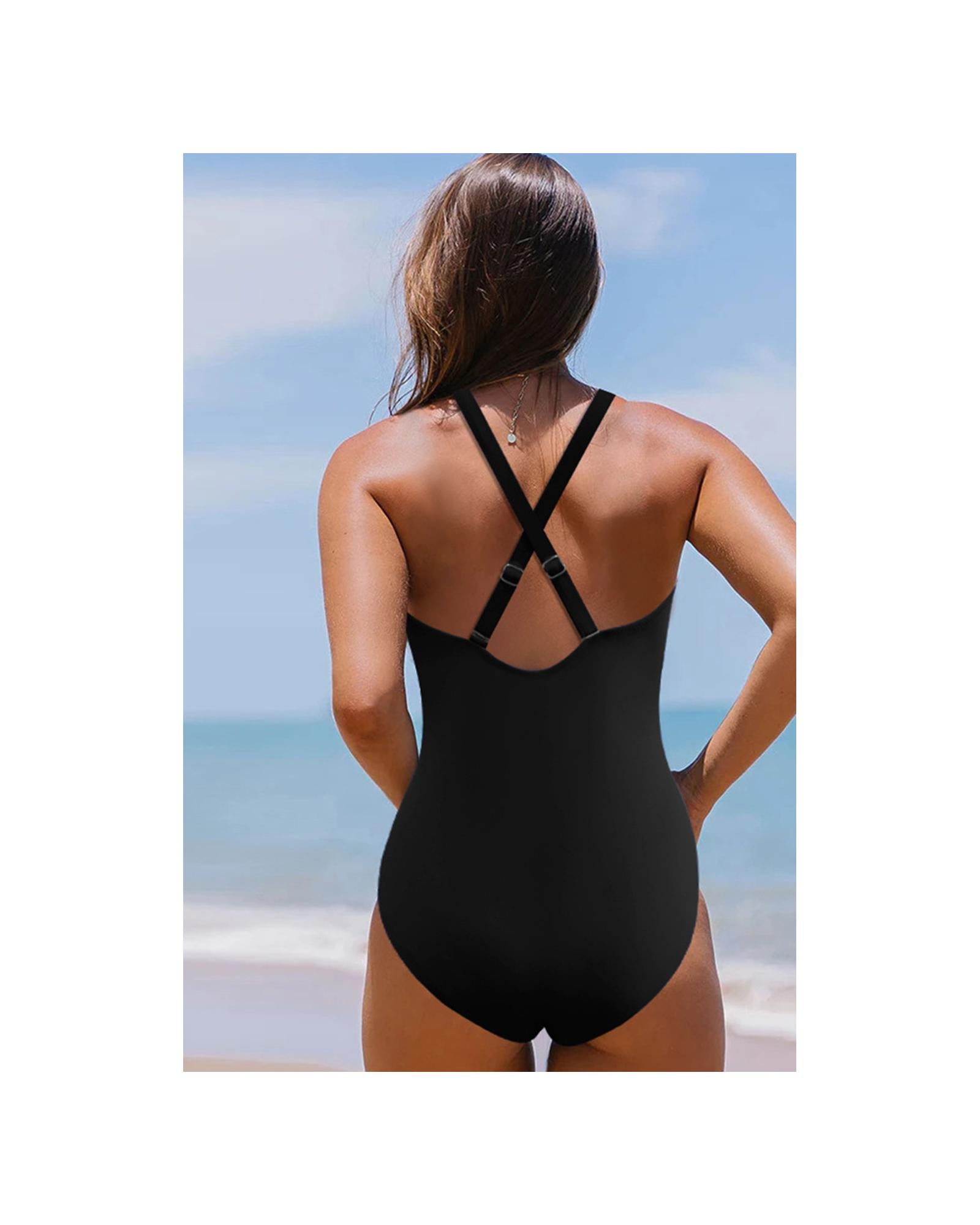 Black V Neck Twist Ruched Crisscross Backless One-Piece Swimsuit - S