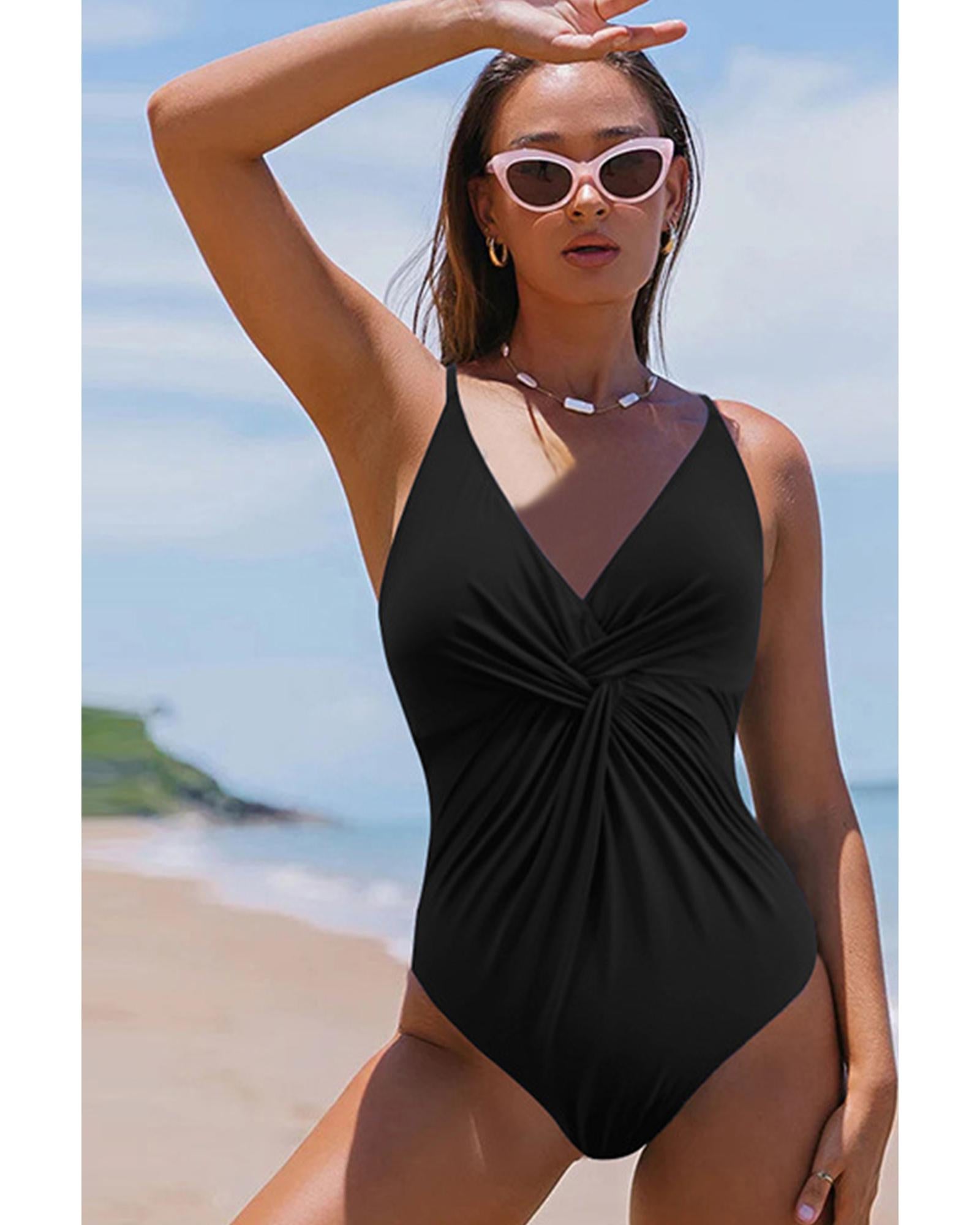 Black V Neck Twist Ruched Crisscross Backless One-Piece Swimsuit - S 4