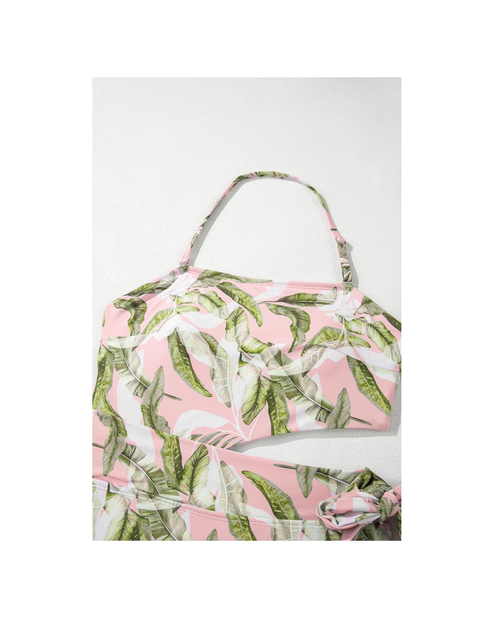 Pink Tropical Asymmetric Cut out Halter Backless One Piece Swimwear - 2XL