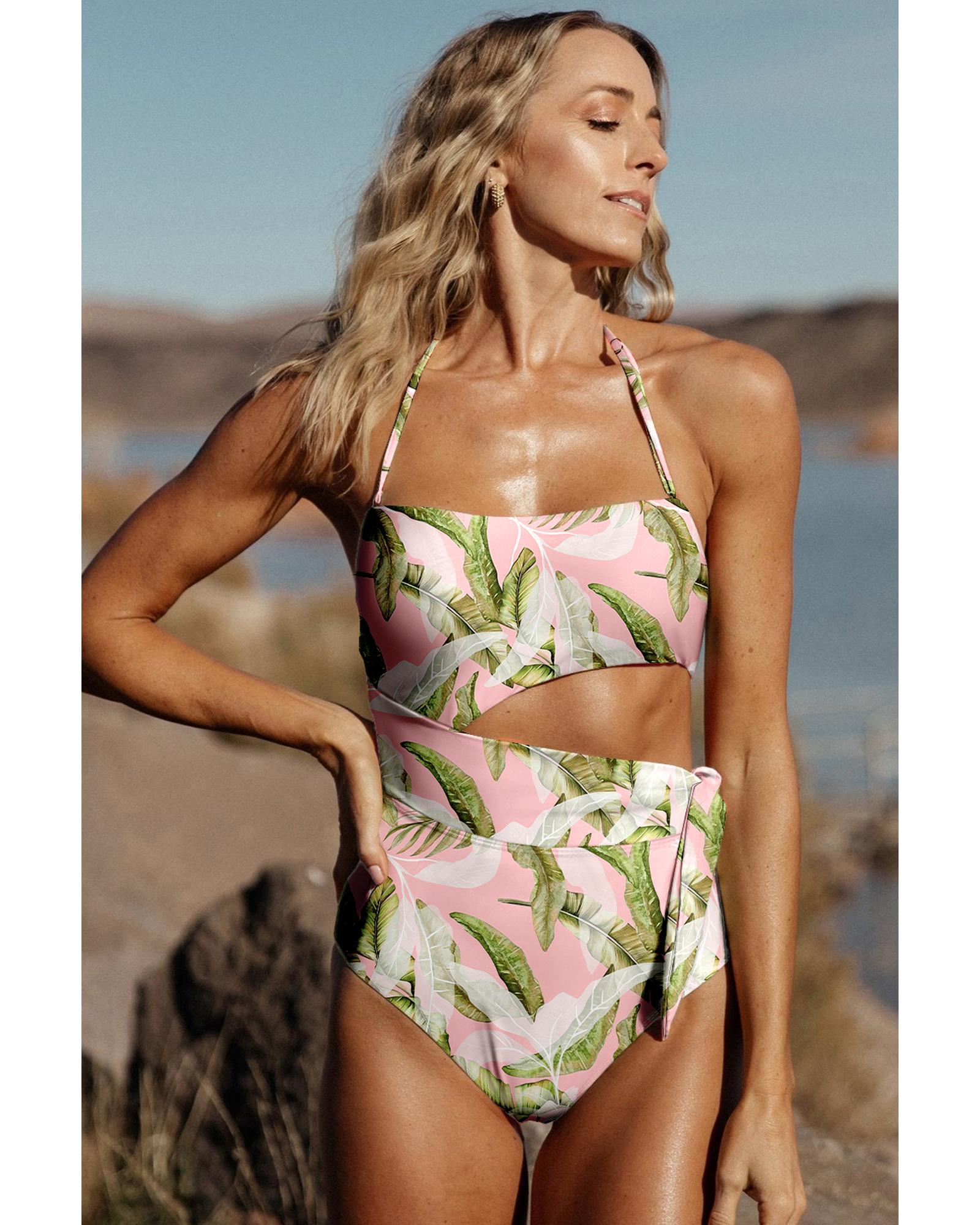 Pink Tropical Asymmetric Cut out Halter Backless One Piece Swimwear - 2XL 3