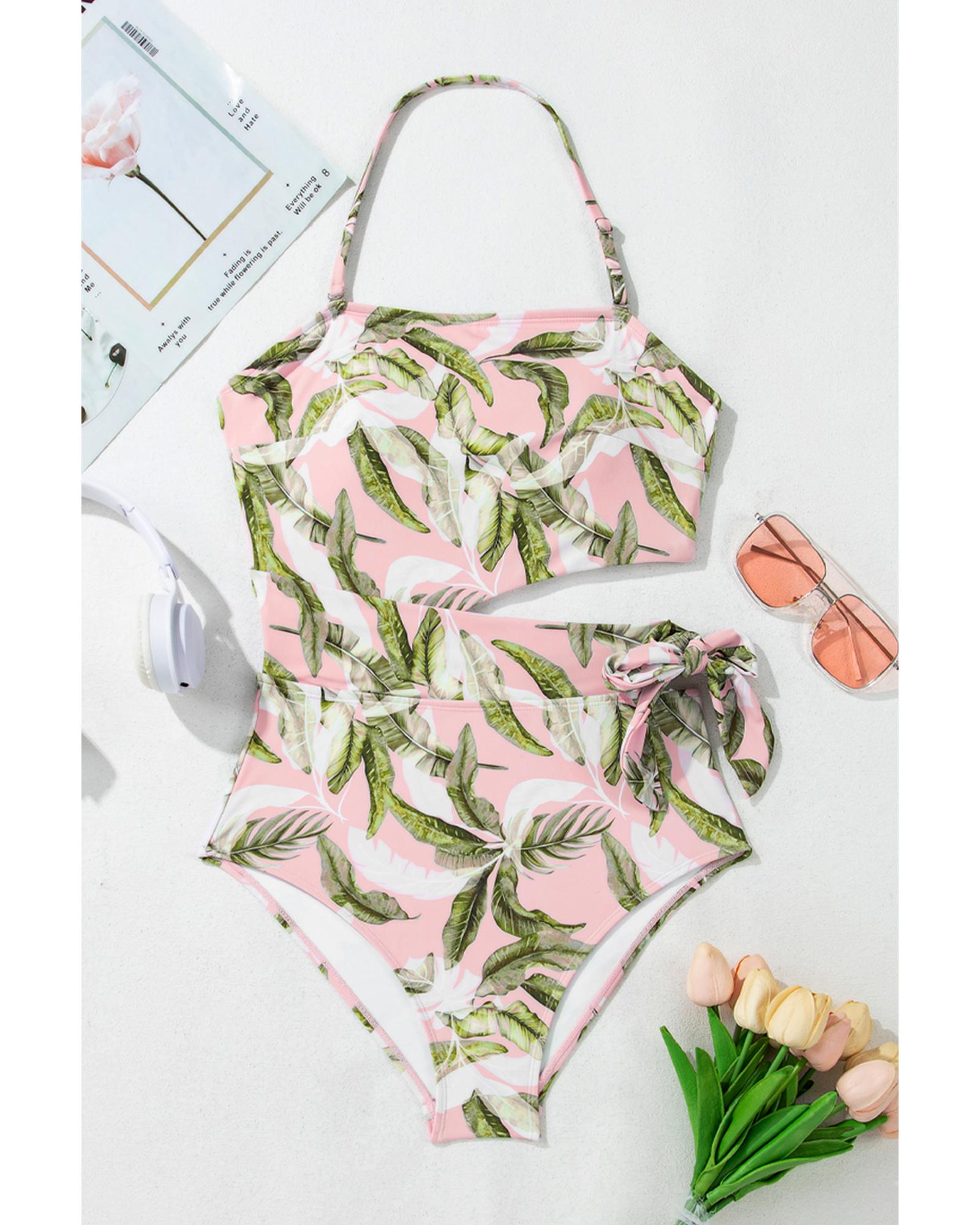 Pink Tropical Asymmetric Cut out Halter Backless One Piece Swimwear - XL 4