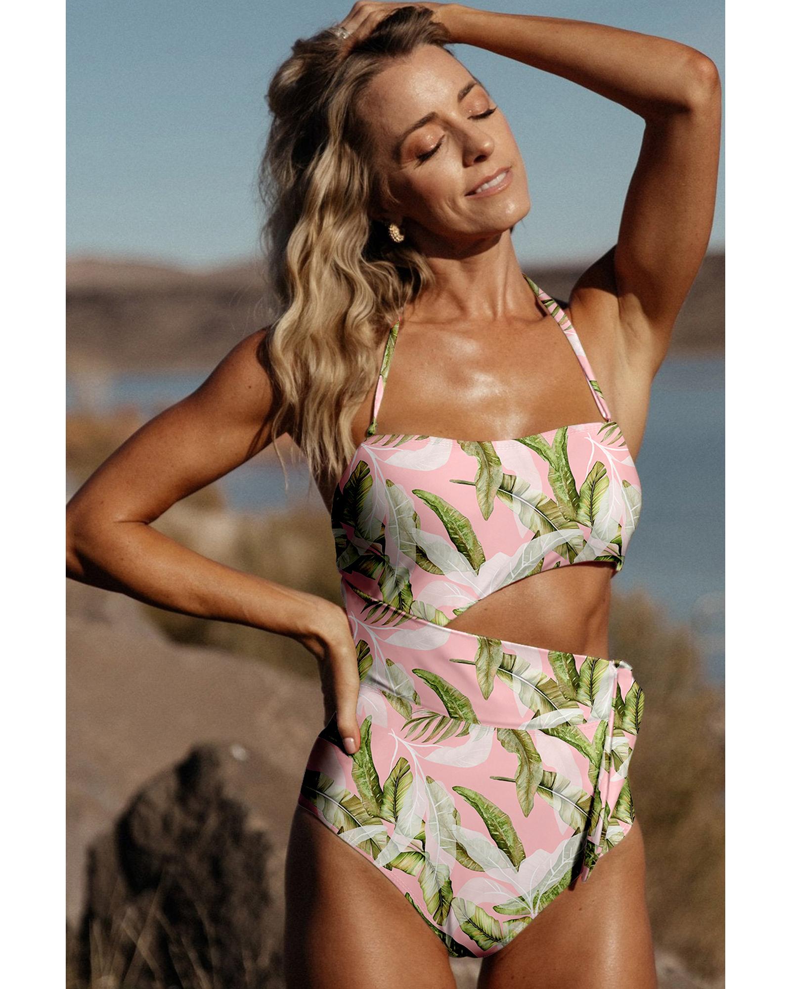 Pink Tropical Asymmetric Cut out Halter Backless One Piece Swimwear - XL 6