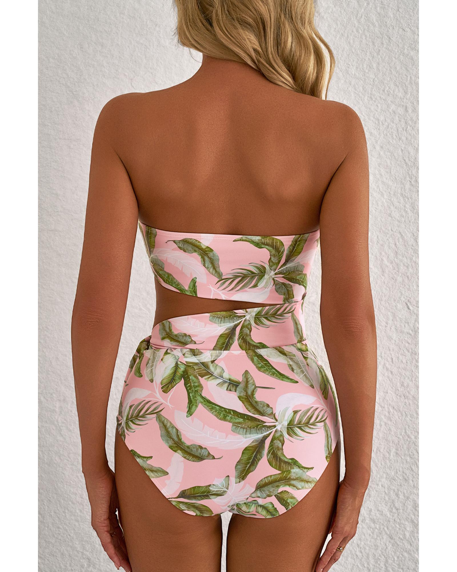 Pink Tropical Asymmetric Cut out Halter Backless One Piece Swimwear - XL 8