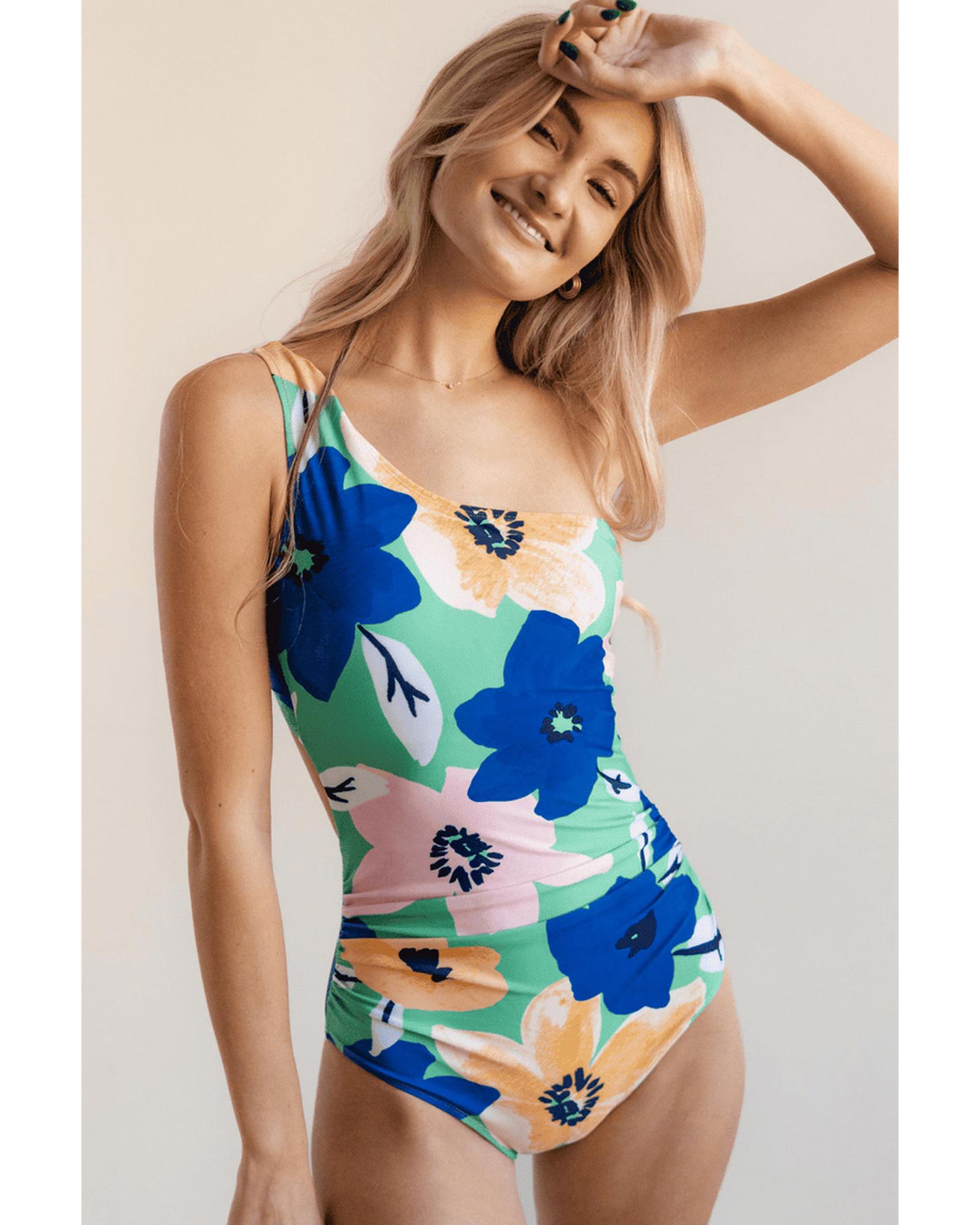 Green Floral Print Ruched Cut Out One Shoulder Monokini - M 5