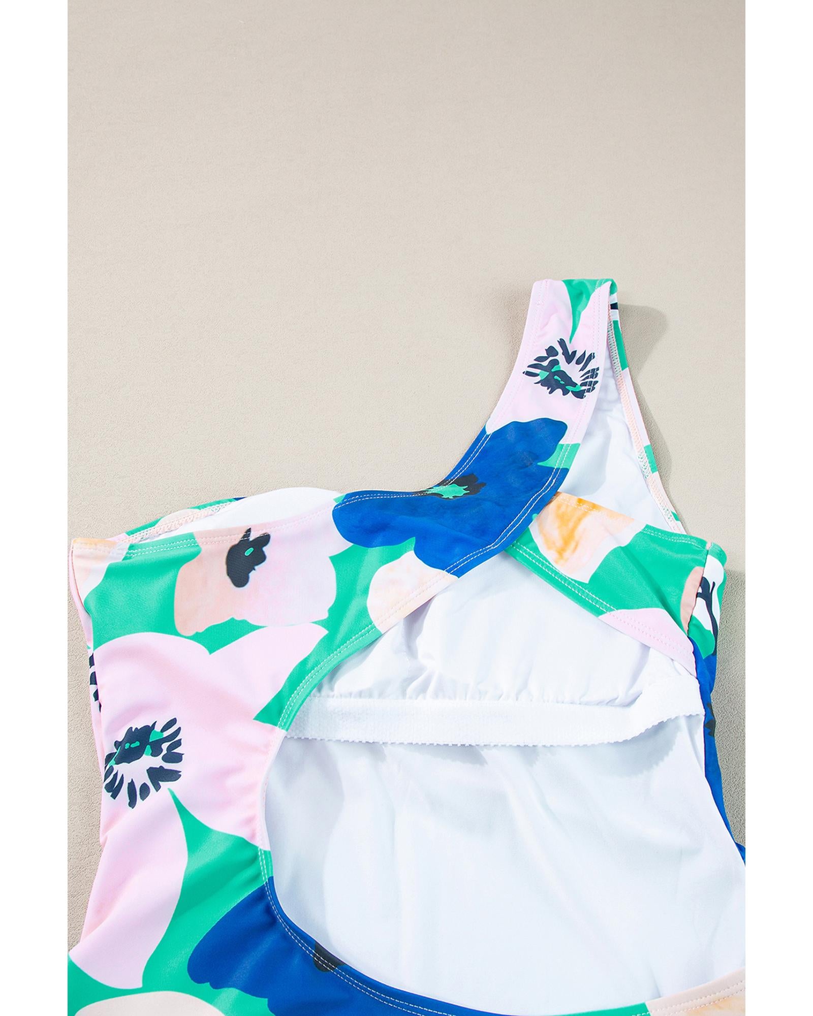 Green Floral Print Ruched Cut Out One Shoulder Monokini - M 7