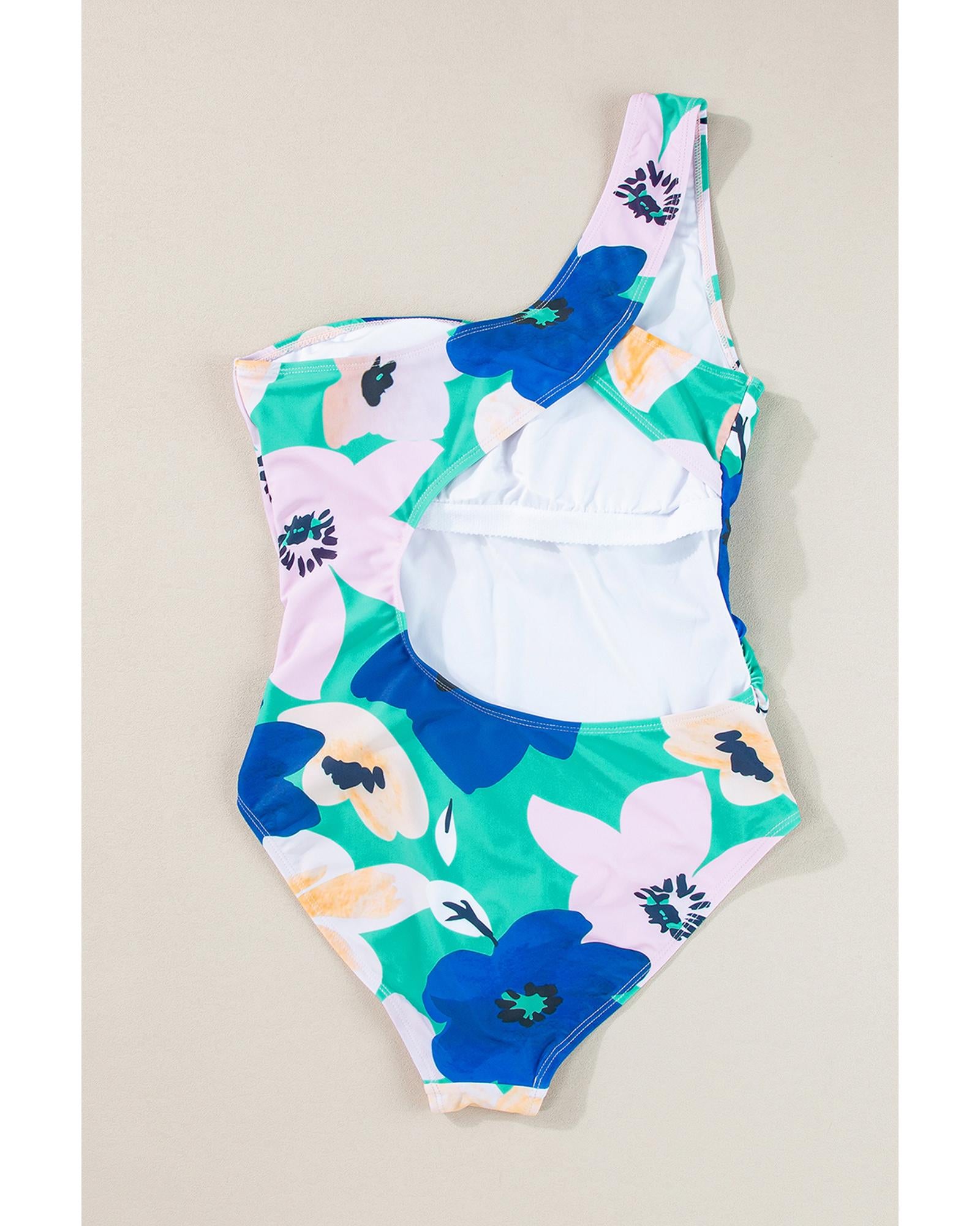 Green Floral Print Ruched Cut Out One Shoulder Monokini - M 8