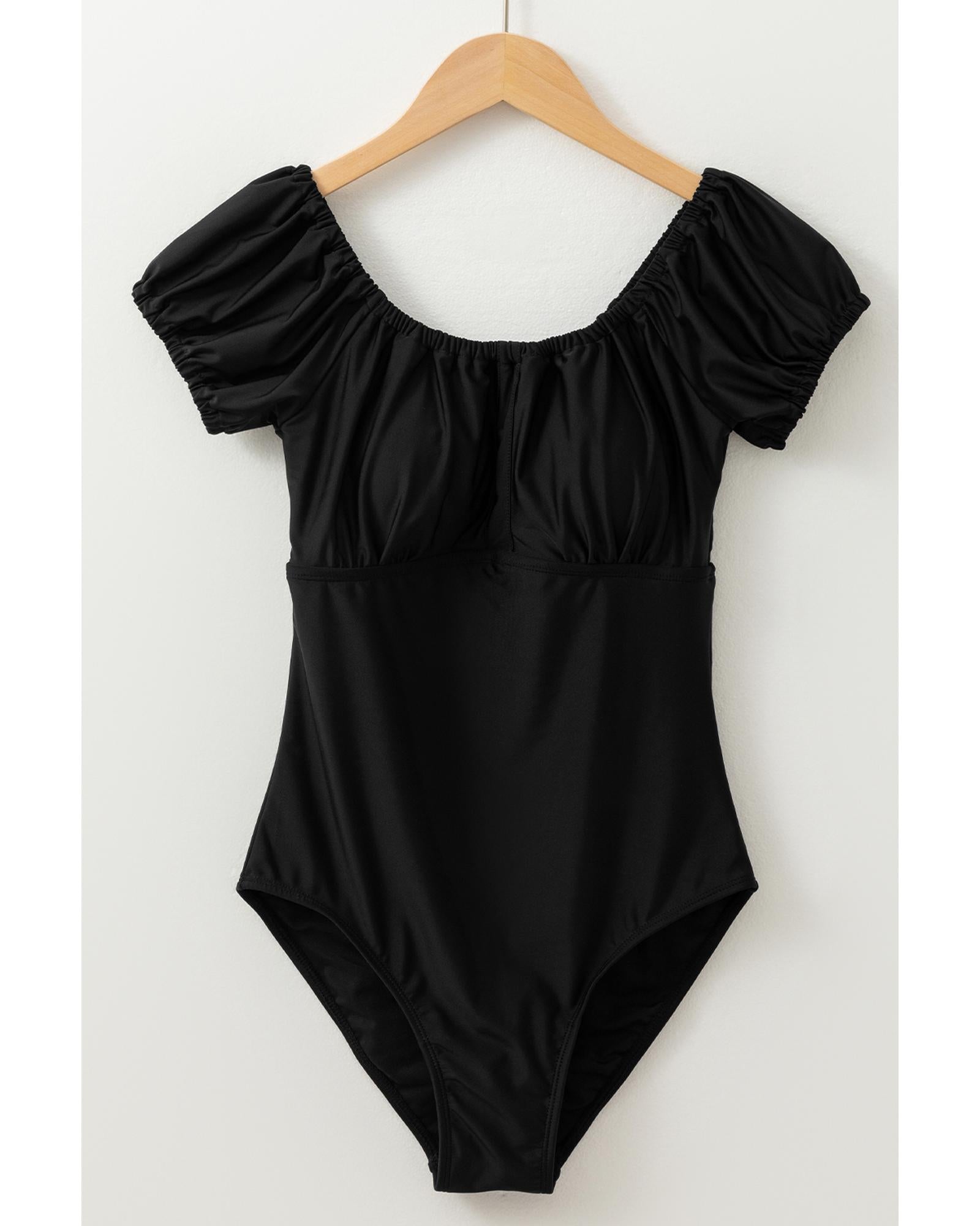 Black Elastic Neckline Short Sleeve One Piece Swimsuit - L 3