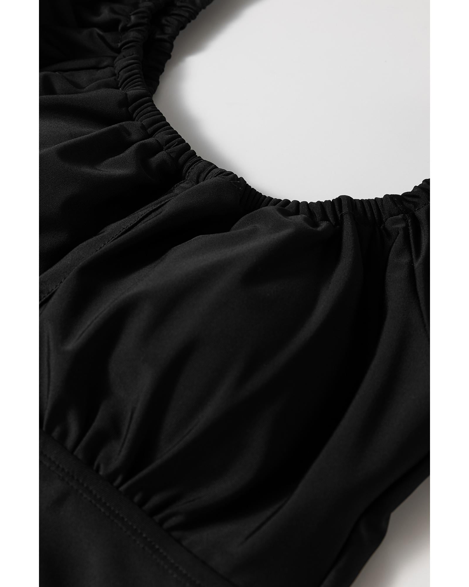 Black Elastic Neckline Short Sleeve One Piece Swimsuit - L 4