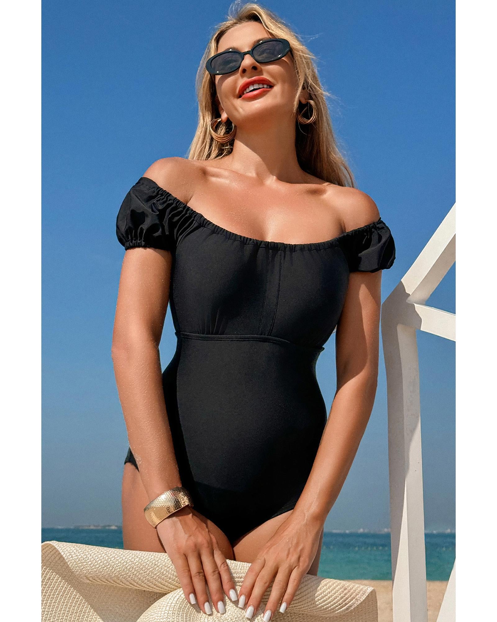 Black Elastic Neckline Short Sleeve One Piece Swimsuit - L 5