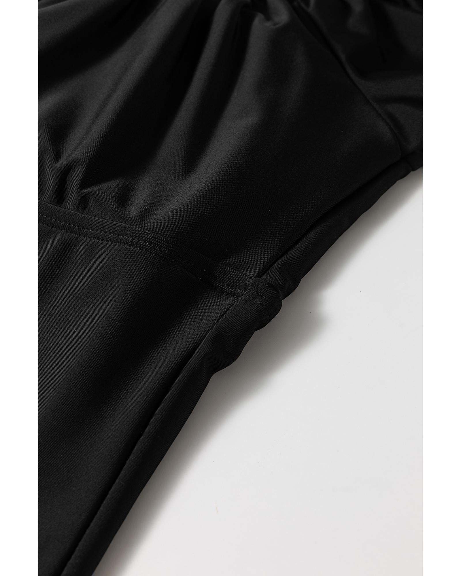 Black Elastic Neckline Short Sleeve One Piece Swimsuit - L 6