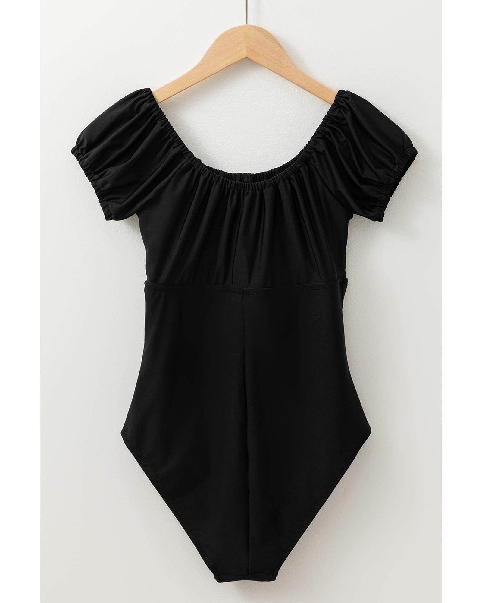 Black Elastic Neckline Short Sleeve One Piece Swimsuit - L 7