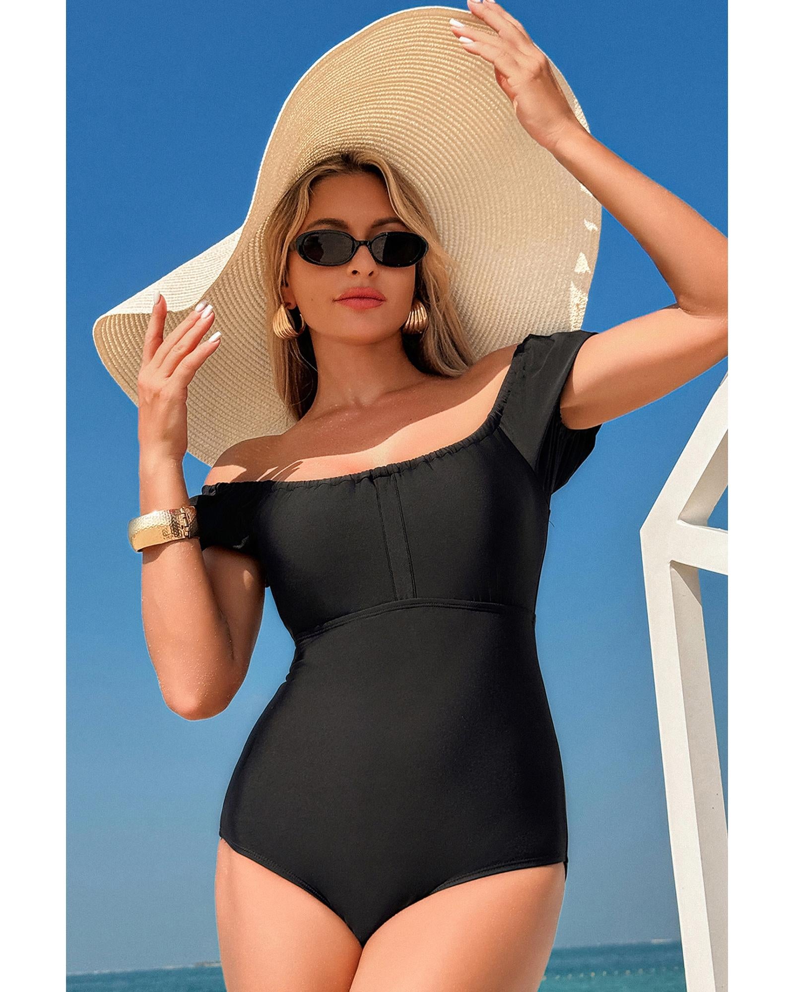 Black Elastic Neckline Short Sleeve One Piece Swimsuit - L 8