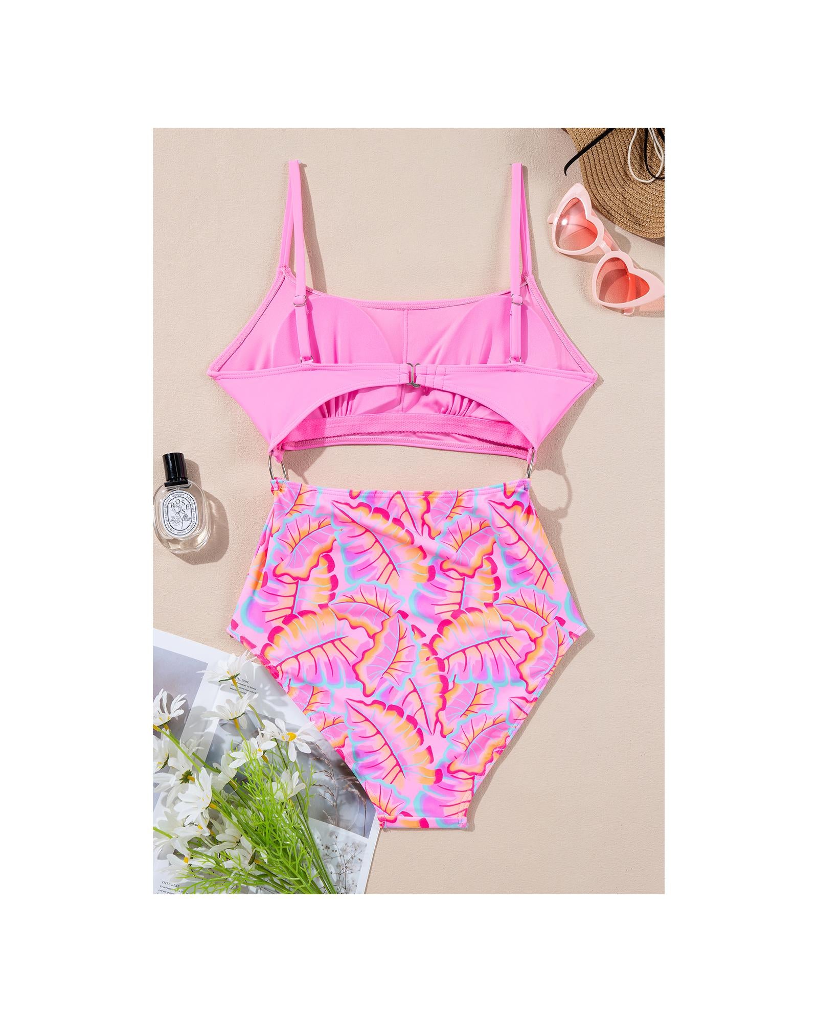 Rose O-ring Joint Leafy Print High Waist Monokini - L 6