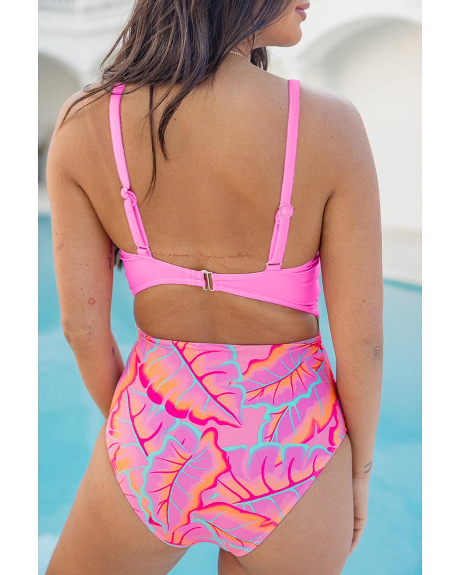 Rose O-ring Joint Leafy Print High Waist Monokini - XL