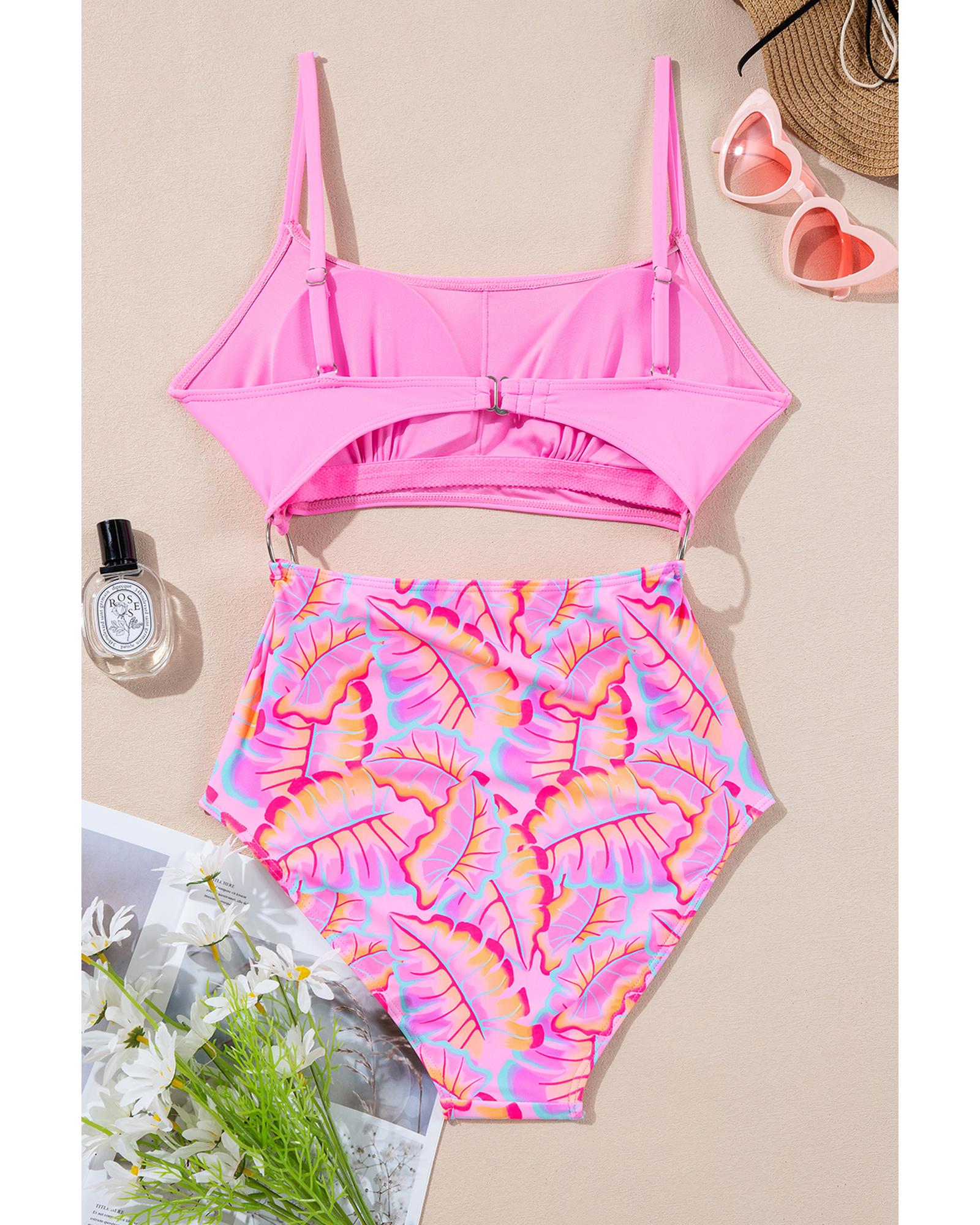 Rose O-ring Joint Leafy Print High Waist Monokini - XL 7