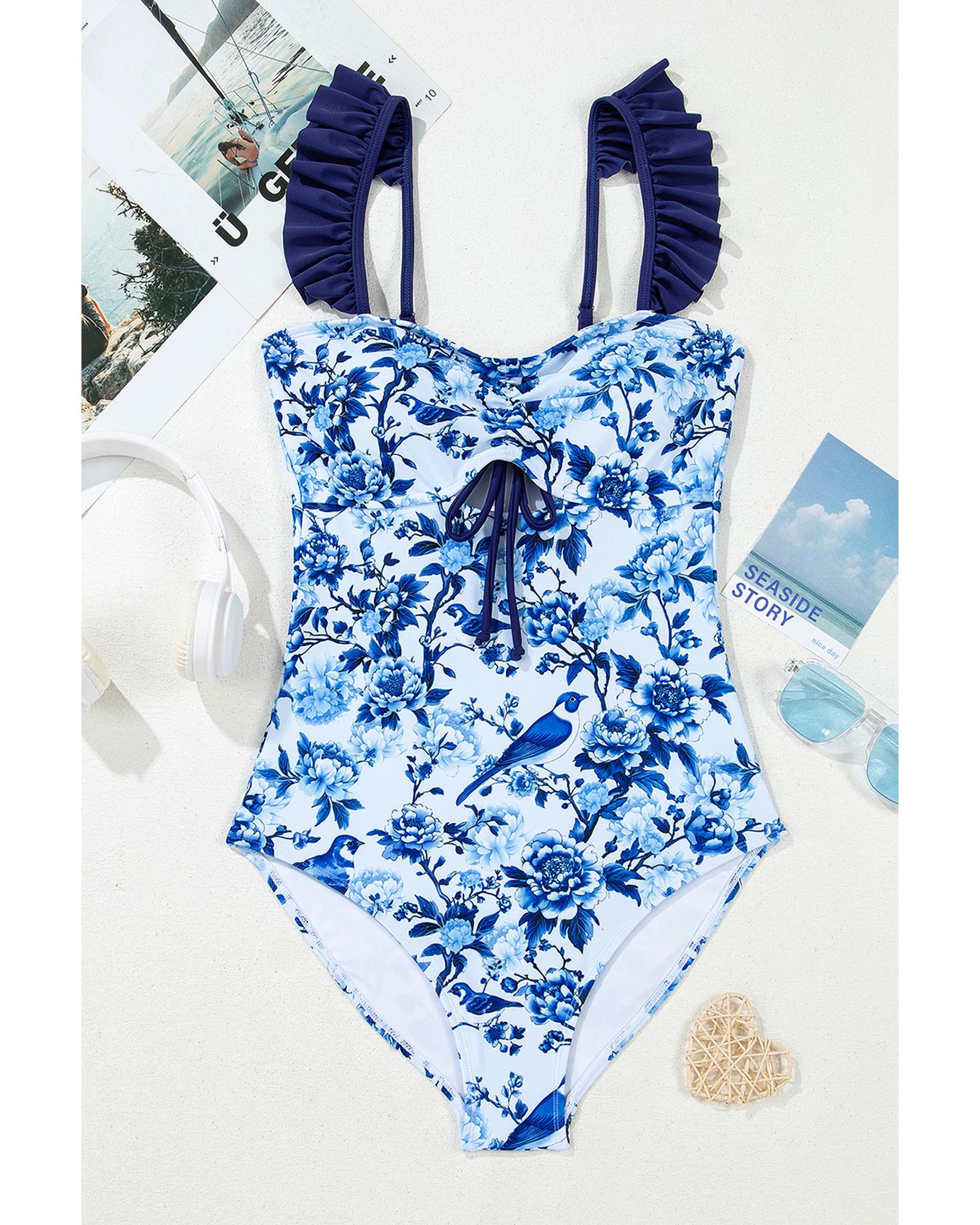 Blue Cutout Ruffled Spaghetti Strap One-Piece Swimwear - L 3