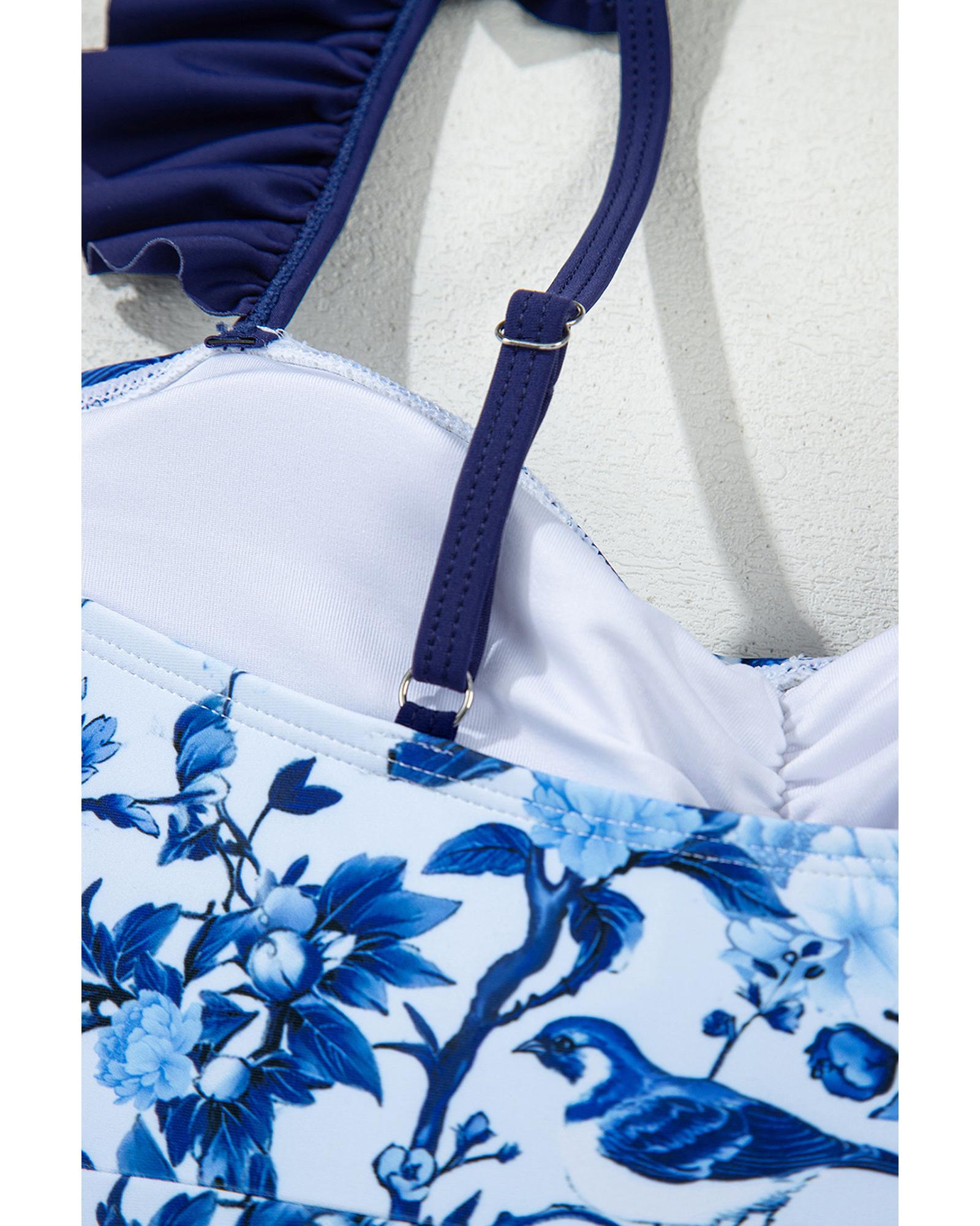 Blue Cutout Ruffled Spaghetti Strap One-Piece Swimwear - L 6