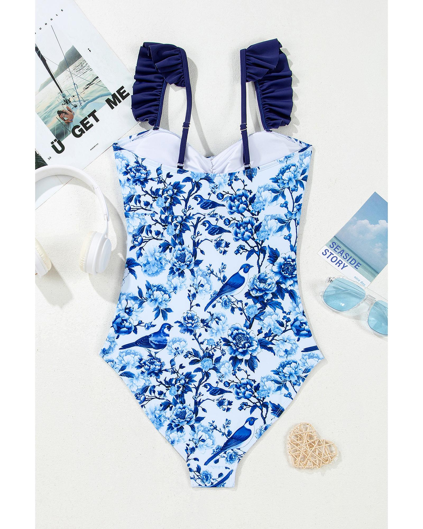 Blue Cutout Ruffled Spaghetti Strap One-Piece Swimwear - M 5